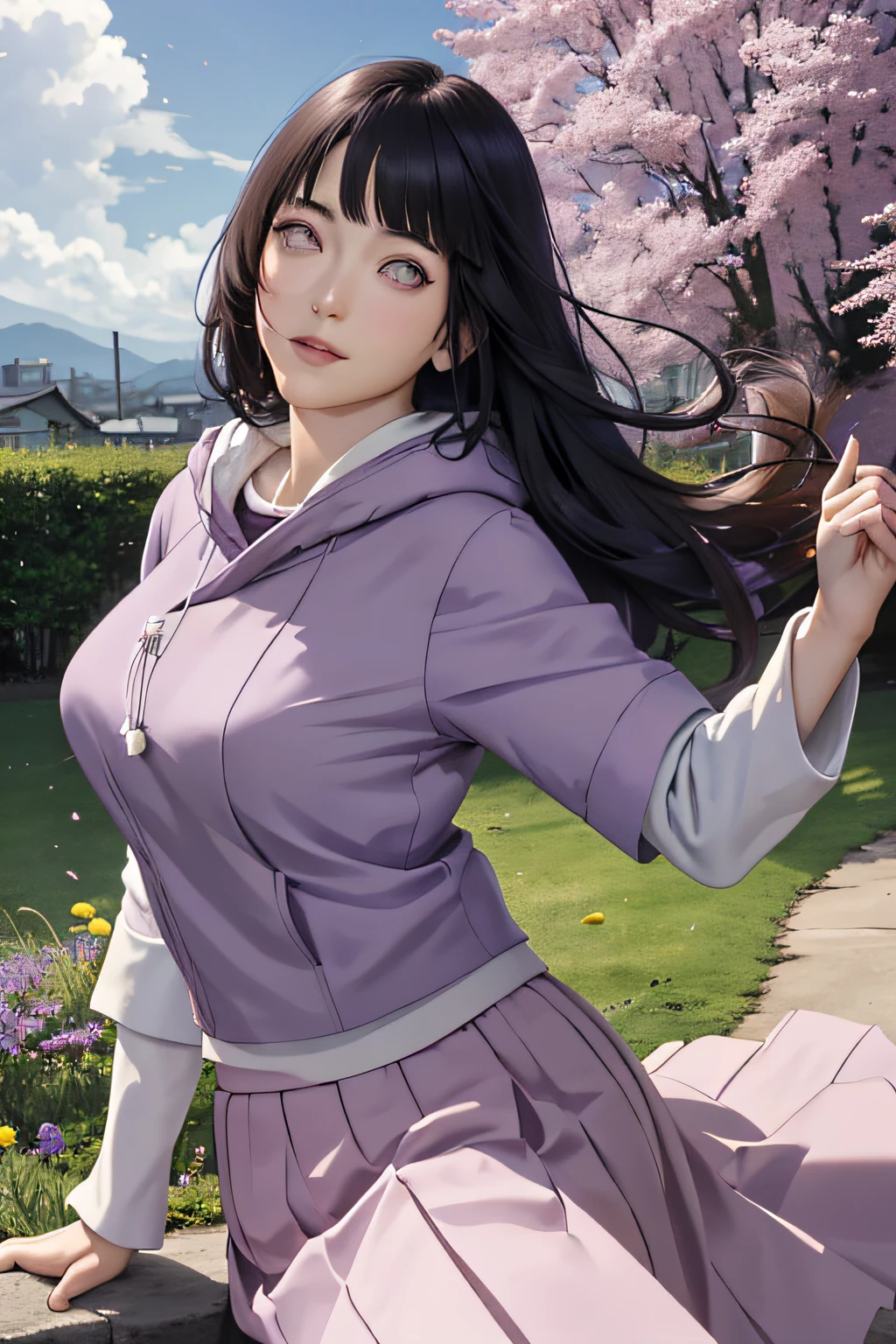 tmasterpiece, hoang lap, hyouka\(Boruto\), 1girll, 独奏,a mature female, purple hoodie,layered sleeves,Short brown skirt,exteriors,Lavender flower field, looking at viewert, (Falling petals), mostly cloudy sky, perfect compositions, detailed lips,, beauitful face, Body support, Be red in the face, (redish pink lips), long whitr hair, a purple eye, soft gaze, Sad smile, Super realistic, A detailed, photoshoot, Realistic face and body, photo-realistic hair, photorealistic eye,realistic nose,realistic lips