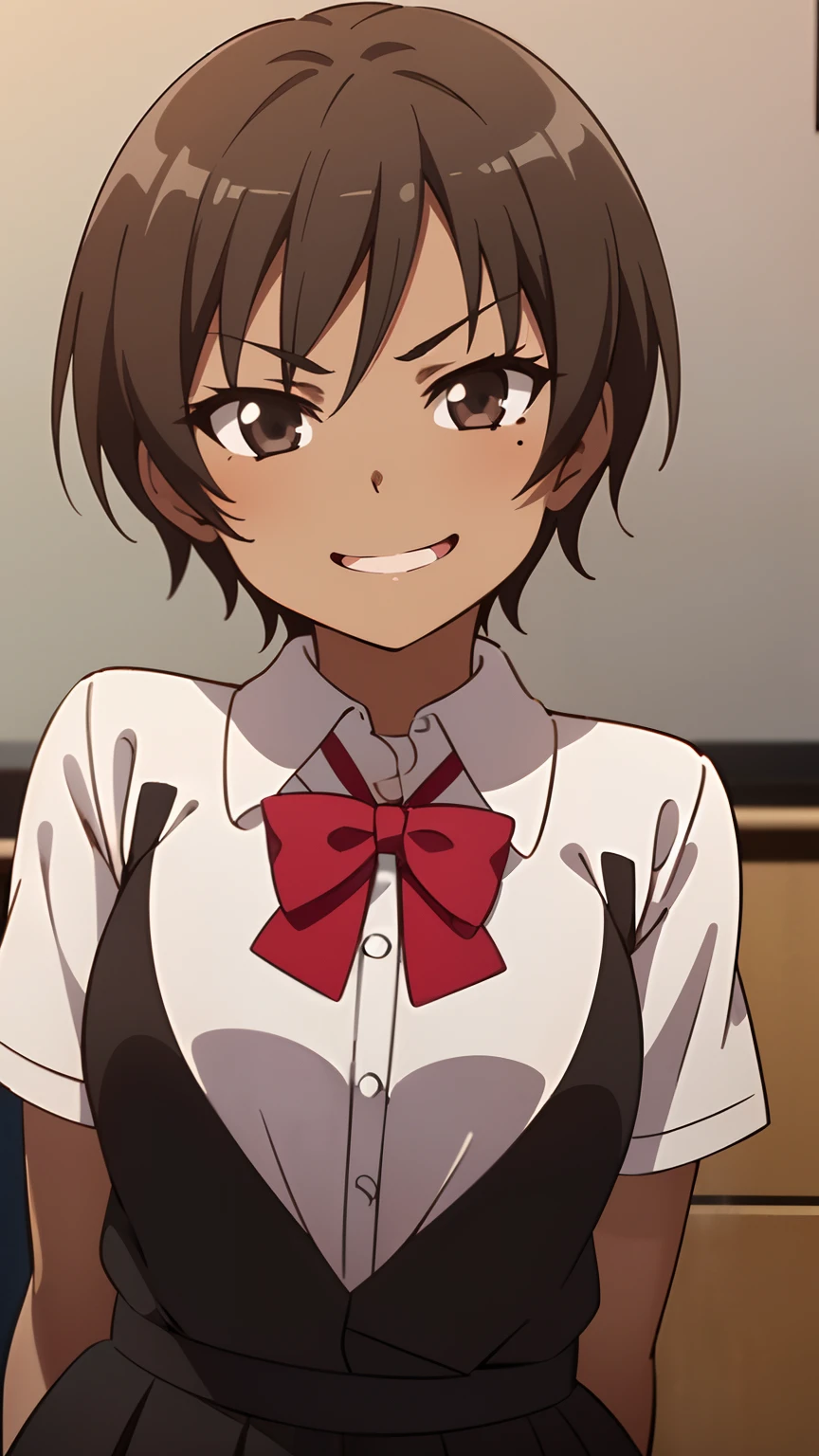 1 girl, (dark brown skin:1.4), very short hair, black eyes colour, mole down the right eye, School girl outfit, Evil smirk, dominant aura, (high quality, masterpiece, extremely detailed:1.2), (medium sized breasts:1.2), (Realistic, photorealistic:1.2)