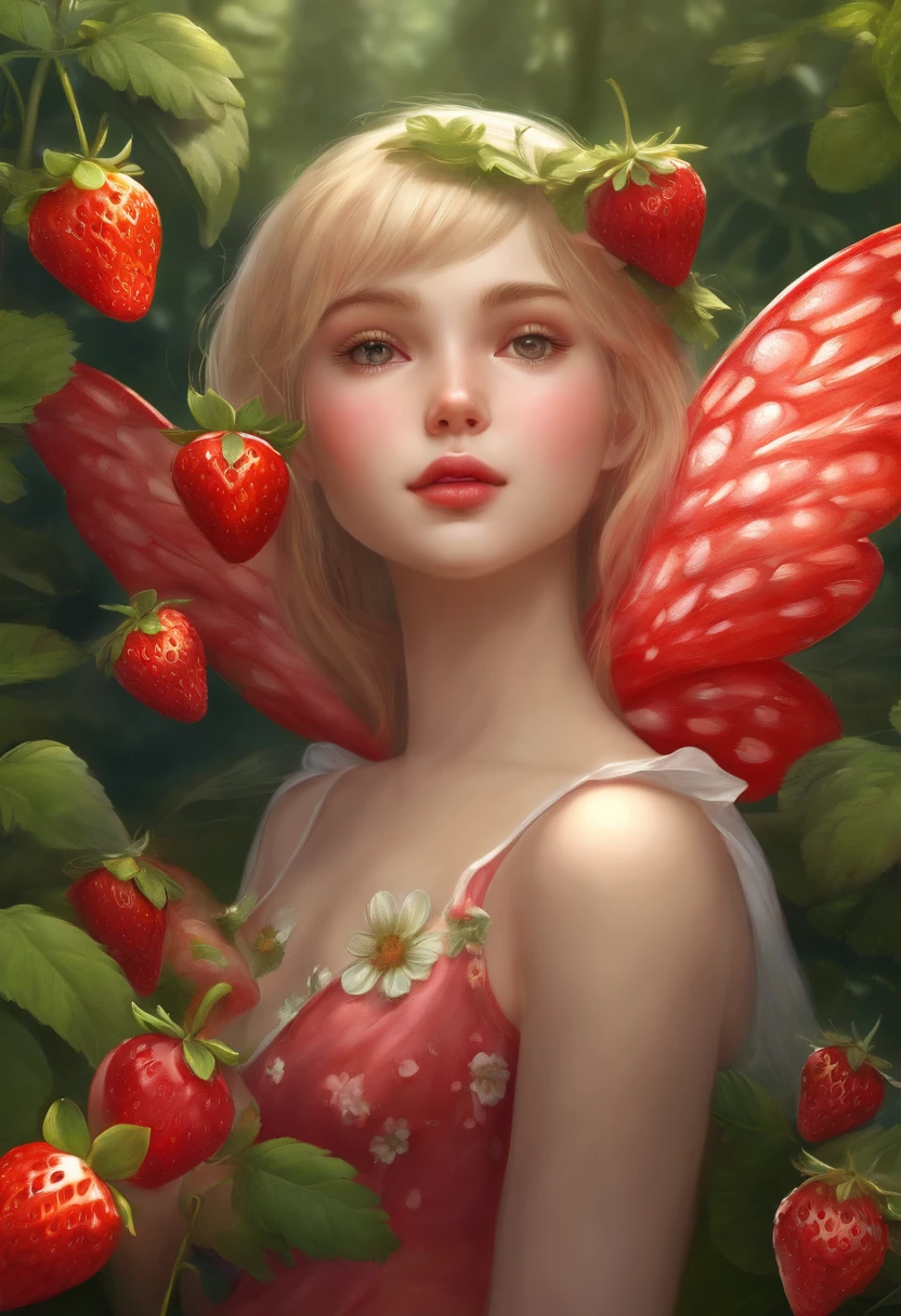 ( Absurd, High quality, Ultra-detailed, masutepiece, Concept art, Smooth, Highly detailed artwork, Hyper-Realistic Painting ) , tiny girl, strawberry girl, Strawberries, Cute, Whole body, romantic, Vivid, Dreamy, Fantasy, fairy wings, in woods