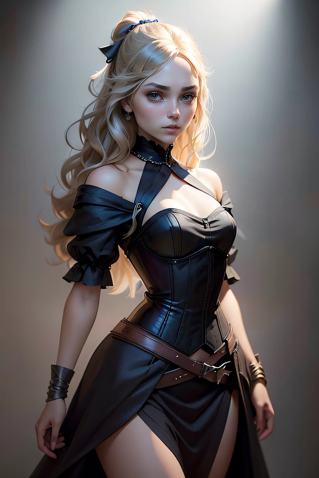 anna sophia robb, Black dress with belt around waist, cabello largo y suelto, Black corset, clarinete, Pelo rojo, arte digital, fotorrealista, Beautiful, intrincado, muy detallado, popular en artstation, Arte de Artgerm y Greg Rutkowski y Alphonse Mucha