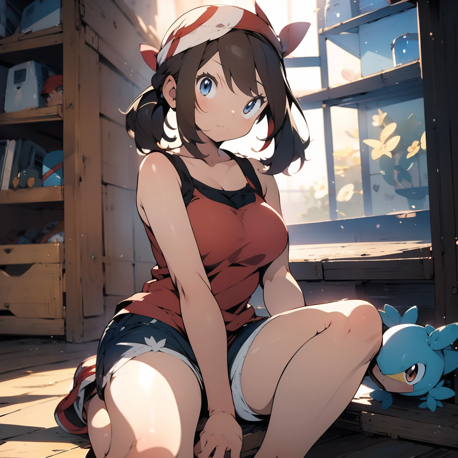 (masterpiece, best quality), cowboy shot , 1girl, indoors, beautiful, medium tits, gorgeous, expressive eyes, perfect face, May_pokemon, may from pokemon,
short brown hair, red bandana, red tank-top, white denim shorts, sitting on floor, 
detailed eyes,