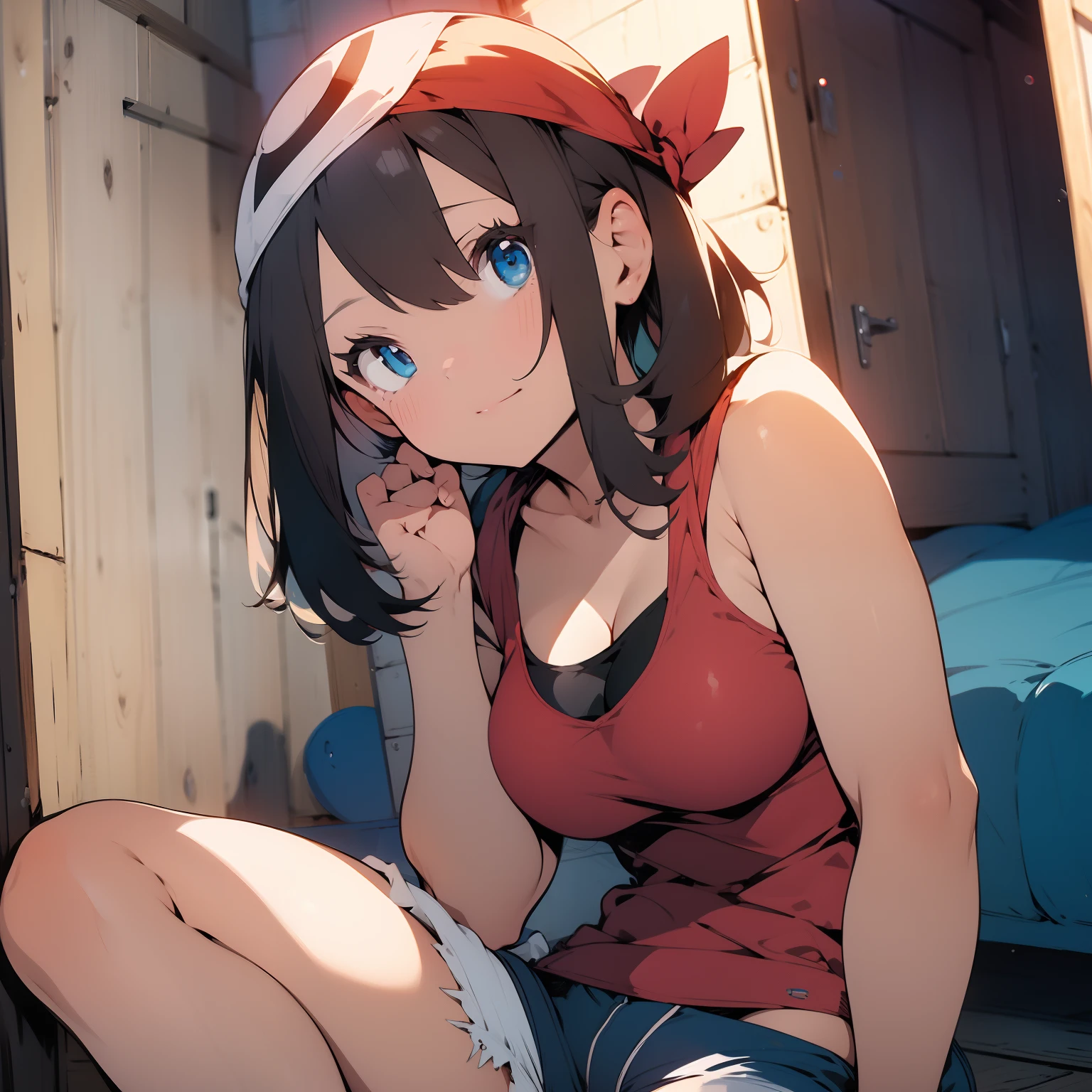 (masterpiece, best quality), cowboy shot , 1girl, indoors, beautiful, medium tits, gorgeous, expressive eyes, perfect face, May_pokemon, may from pokemon,
short brown hair, red bandana, red tank-top, white denim shorts, sitting on floor, 
detailed eyes,