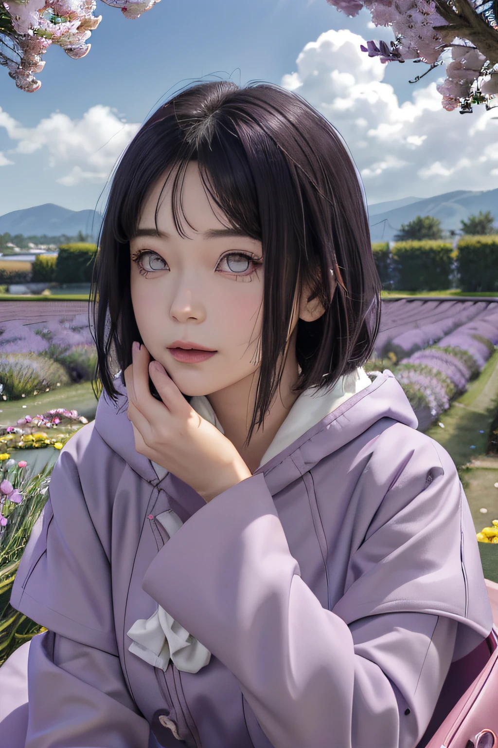 tmasterpiece， hoang lap， hyouka\（Boruto\）， 1girll， 独奏，a mature female， purple hoodie，layered sleeves，Long brown dress，exteriors，Lavender flower field， looking at viewert， （Falling petals）， mostly cloudy sky， perfect compositions， detailed lips，， beauitful face， Body support， Be red in the face， （redish pink lips）， long whitr hair， a purple eye， soft gaze， Sad smile， Super realistic， A detailed， photoshoot， Realistic face and body， photo-realistic hair， photorealistic eye，realistic nose，realistic lips