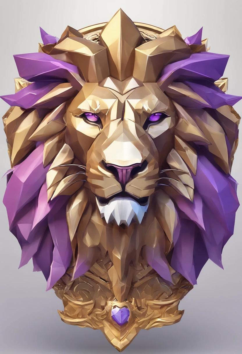 Game medallion with metal lion head closeup with crown,, hearthstone art style, Hearthstone style art, hearthstone concept art, Riot game concept art, style of league of legends, iconic character splash art, league of legends champion,metallic shield,Game badge,Surrounding metal feathers,Purple gold,c4d渲染