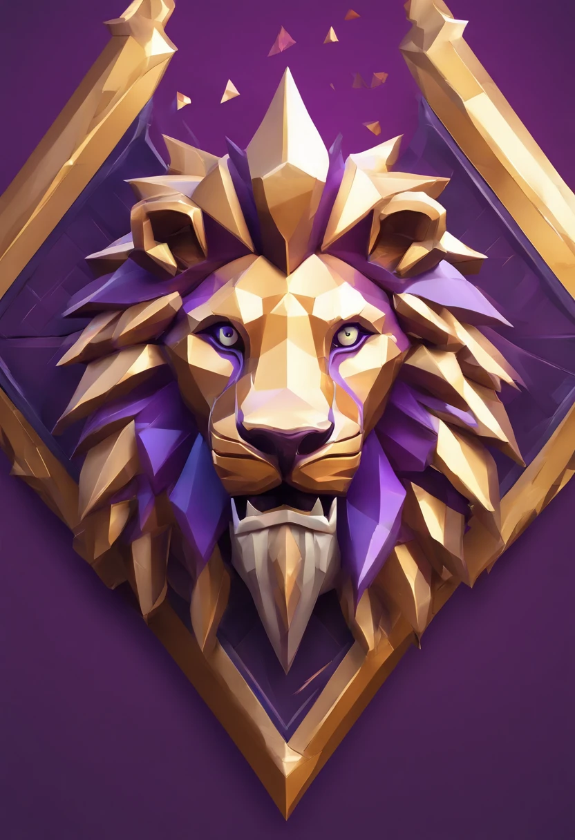Game medallion with metal lion head closeup with crown,, hearthstone art style, Hearthstone style art, hearthstone concept art, Riot game concept art, style of league of legends, iconic character splash art, league of legends champion,metallic shield,Game badge,Surrounding metal feathers,Purple gold,c4d渲染