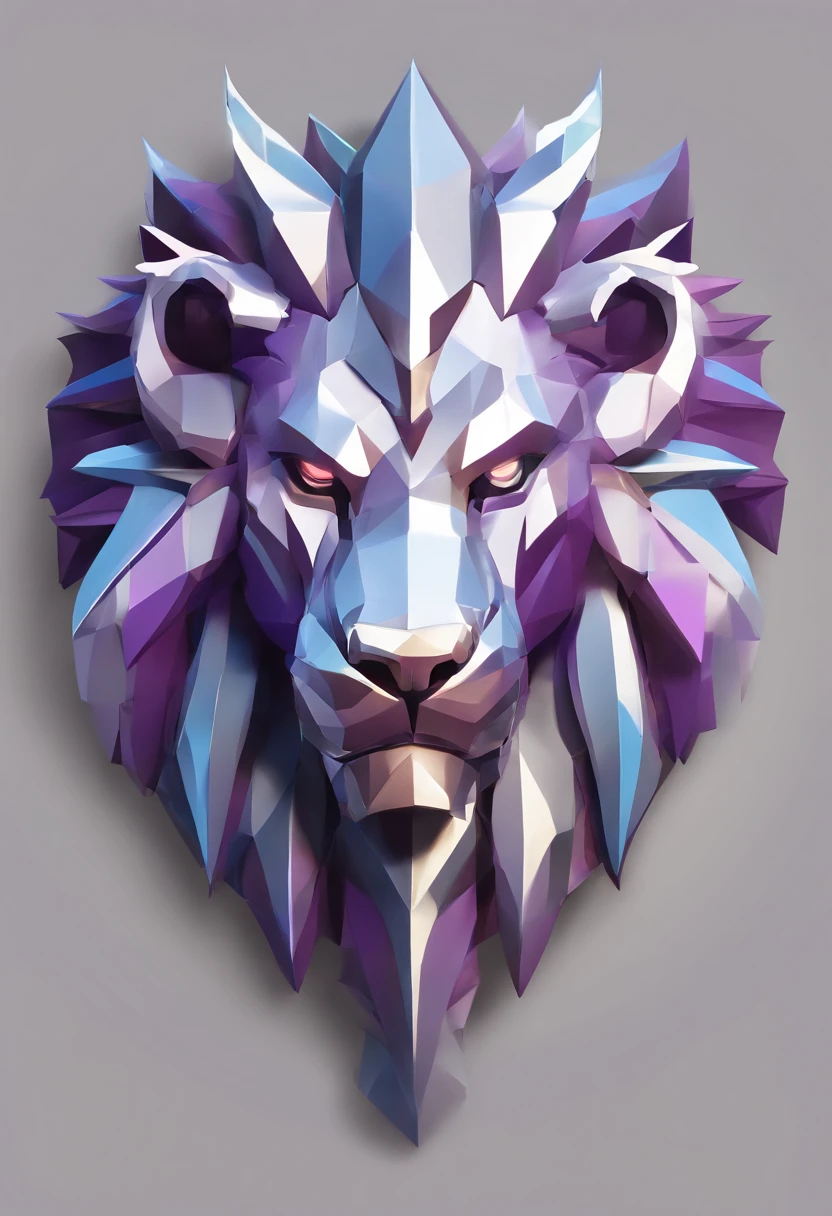 Game medallion with metal lion head closeup with crown,, hearthstone art style, Hearthstone style art, hearthstone concept art, Riot game concept art, style of league of legends, iconic character splash art, league of legends champion,metallic shield，Game badge，Surrounding metal feathers，Purple gold，c4d渲染