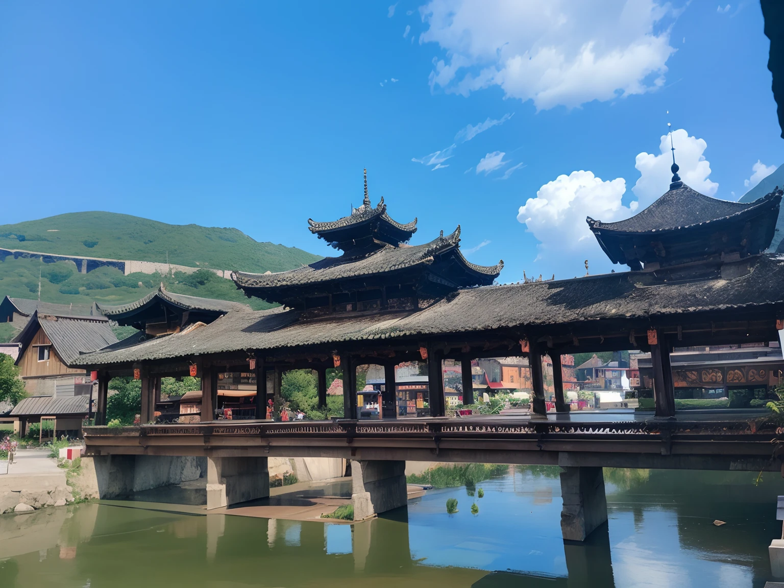 There is a small bridge in the middle of the lake leading to the pagoda, Taoist temples and monks, the taoist temples of huangshan, Ancient Chinese architecture, guangjian, chinese temple, dreamy Chinese towns, nanquan, like jiufen, Chinese architecture, With a Chinese temple, Chiba Yuda