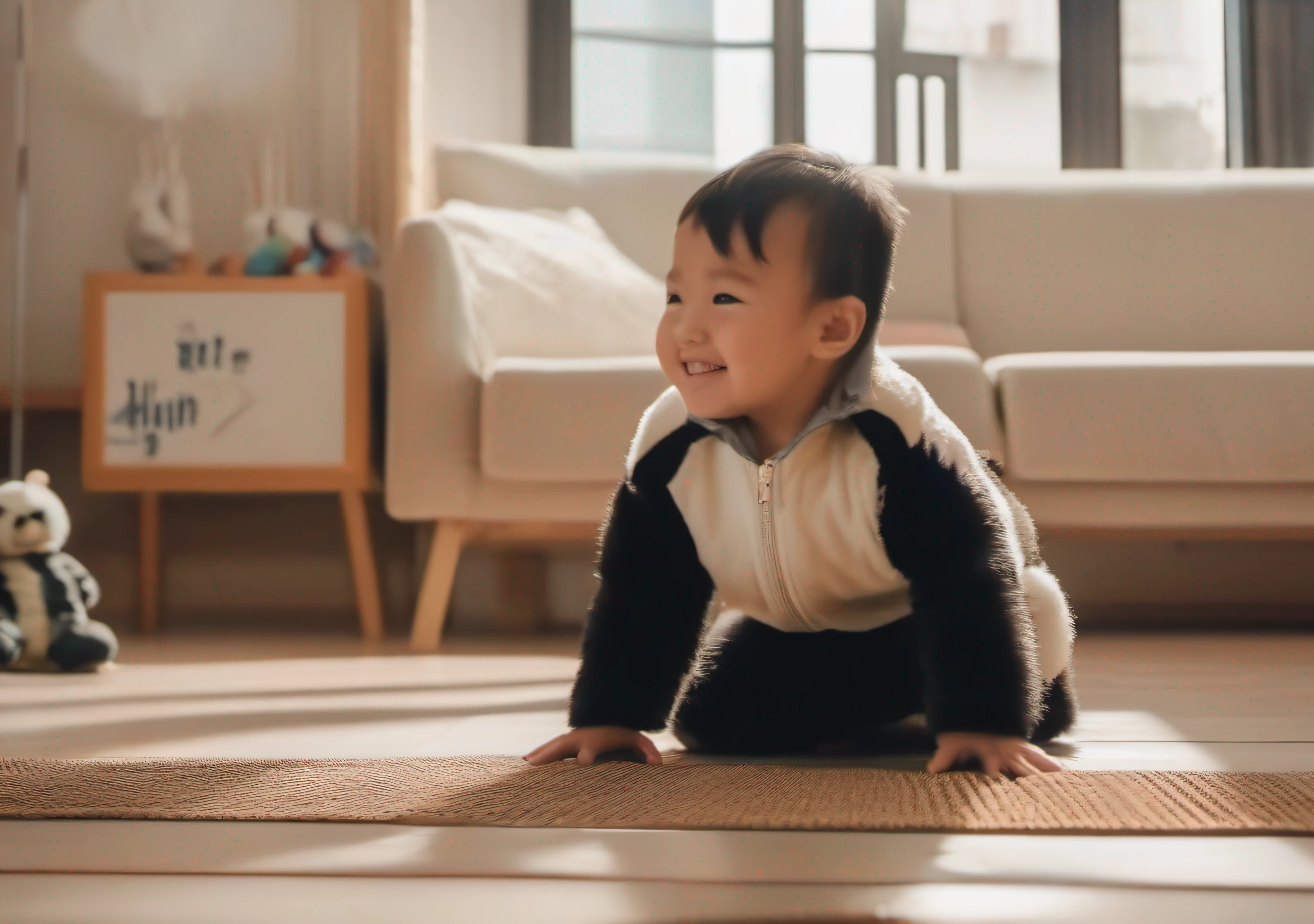 wearing giant panda clothes,Crawl sideways on the ground,Fundo sala de estar,Children's toys around,Disney style,Medium shot,wide wide shot,8K