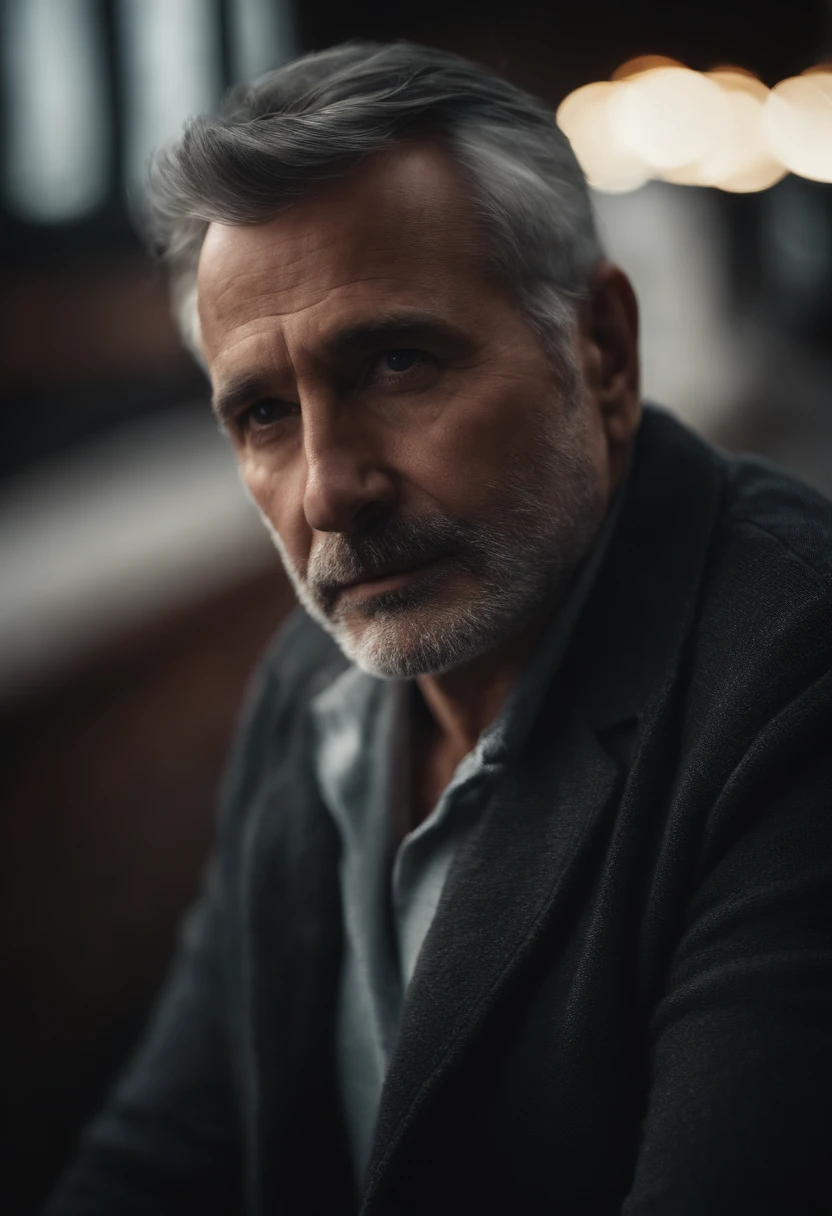 Portrait of a father, gray hairs, kblack eyes