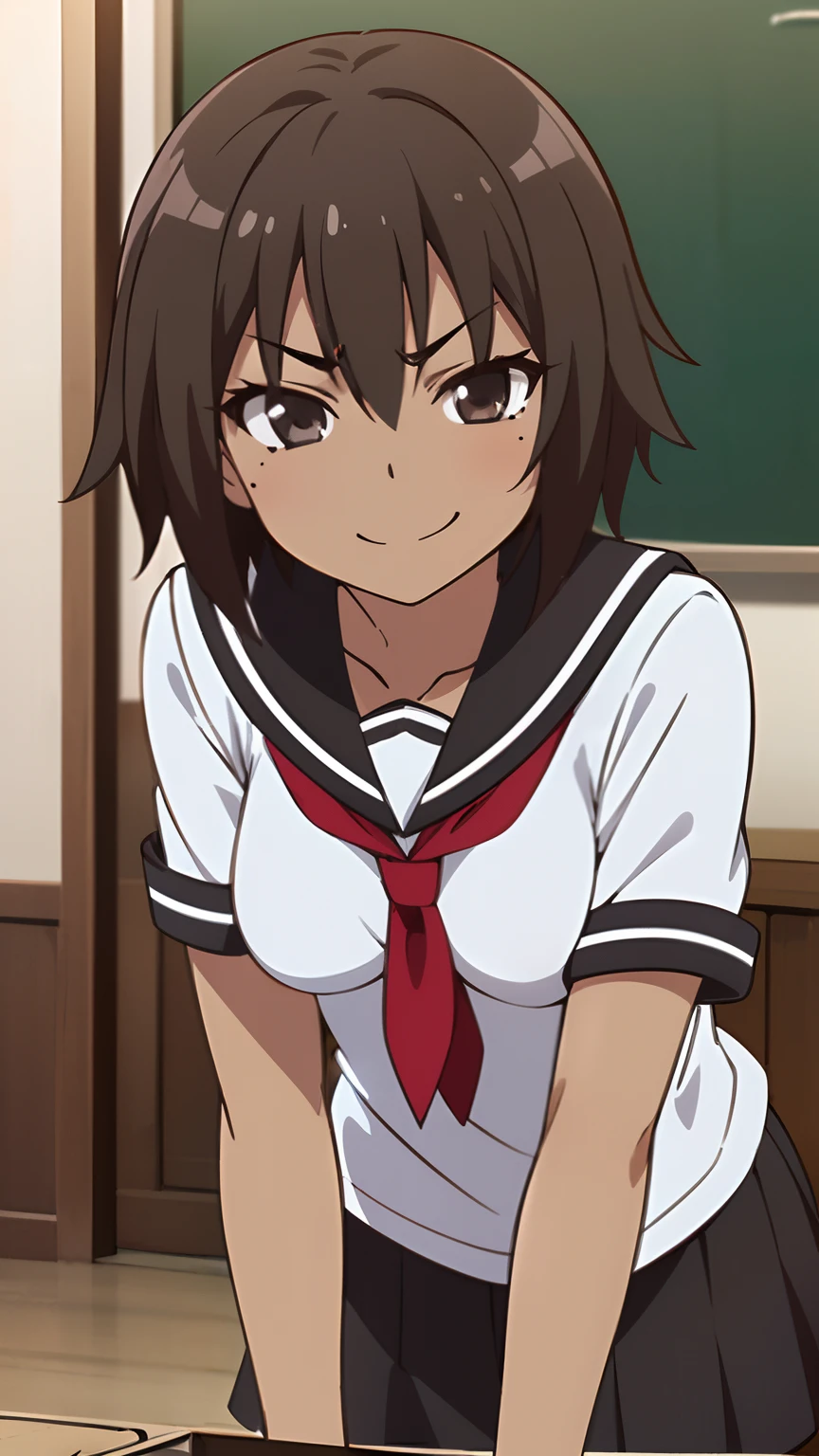 1 girl, (dark brown skin:1.4), very short hair, black eyes colour, mole down the right eye, School girl outfit, Evil smirk, dominant aura, (high quality, masterpiece, extremely detailed:1.2), (small chest:1.2), (Realistic, photorealistic:1.2)