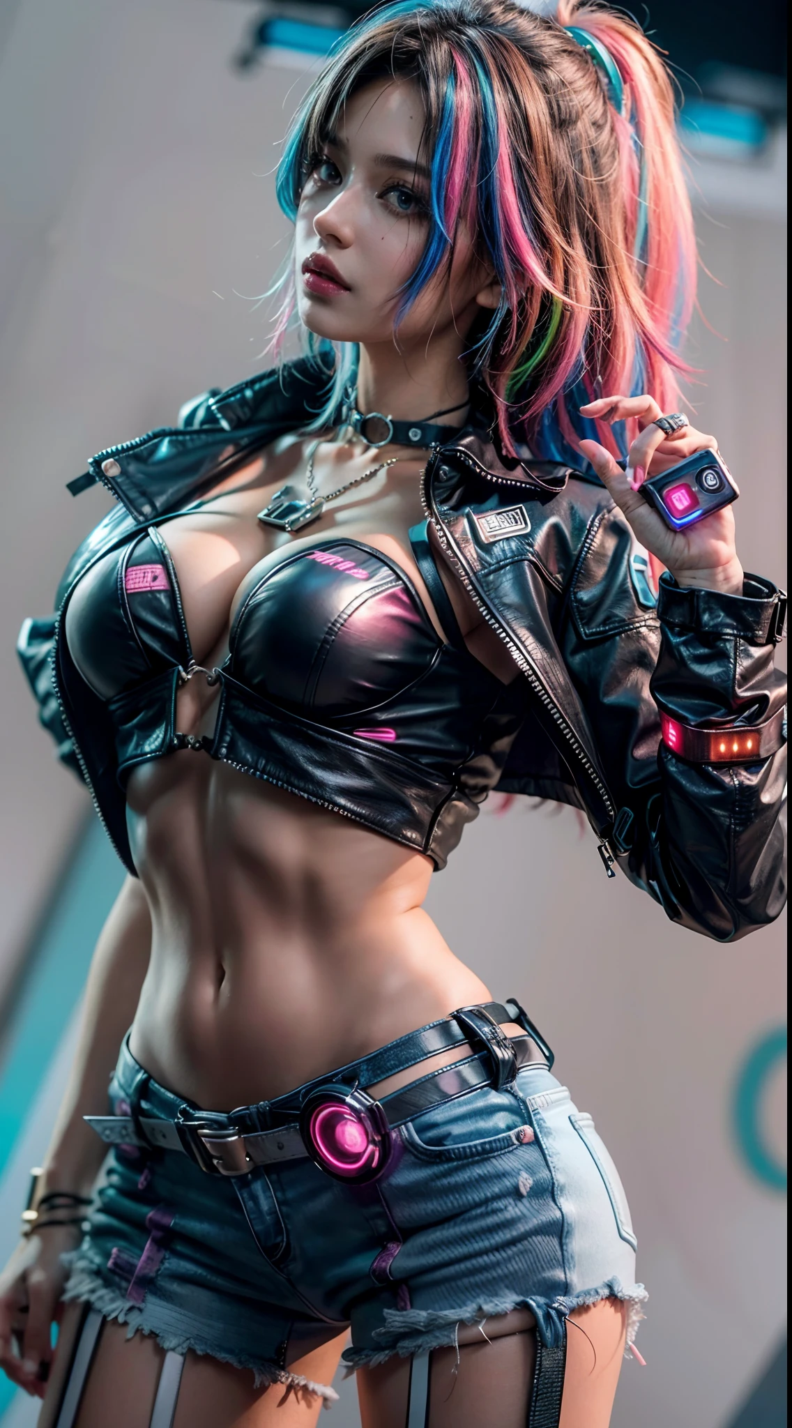 unreal-engine:1.4,hyper HD,Best quality:1.4, Fotorrealista:1.4, skin texture:1.4, tmasterpiece:1.8,Pose from behind Hermosa Mujer, brunette color hair, Black leather jacket, Sexy, long breasts, cyber punk style, realistic detail, nearl, Black leather jacket portrait,White jeans Short jeans,,Beautiful thin hands ,(Cyberpunk:1.4),(O cabelo multicolorido+Pink big breasts:1.3+blue:1.3),Cyberpunk lingerie, mystical night,(Detailed:1.4),