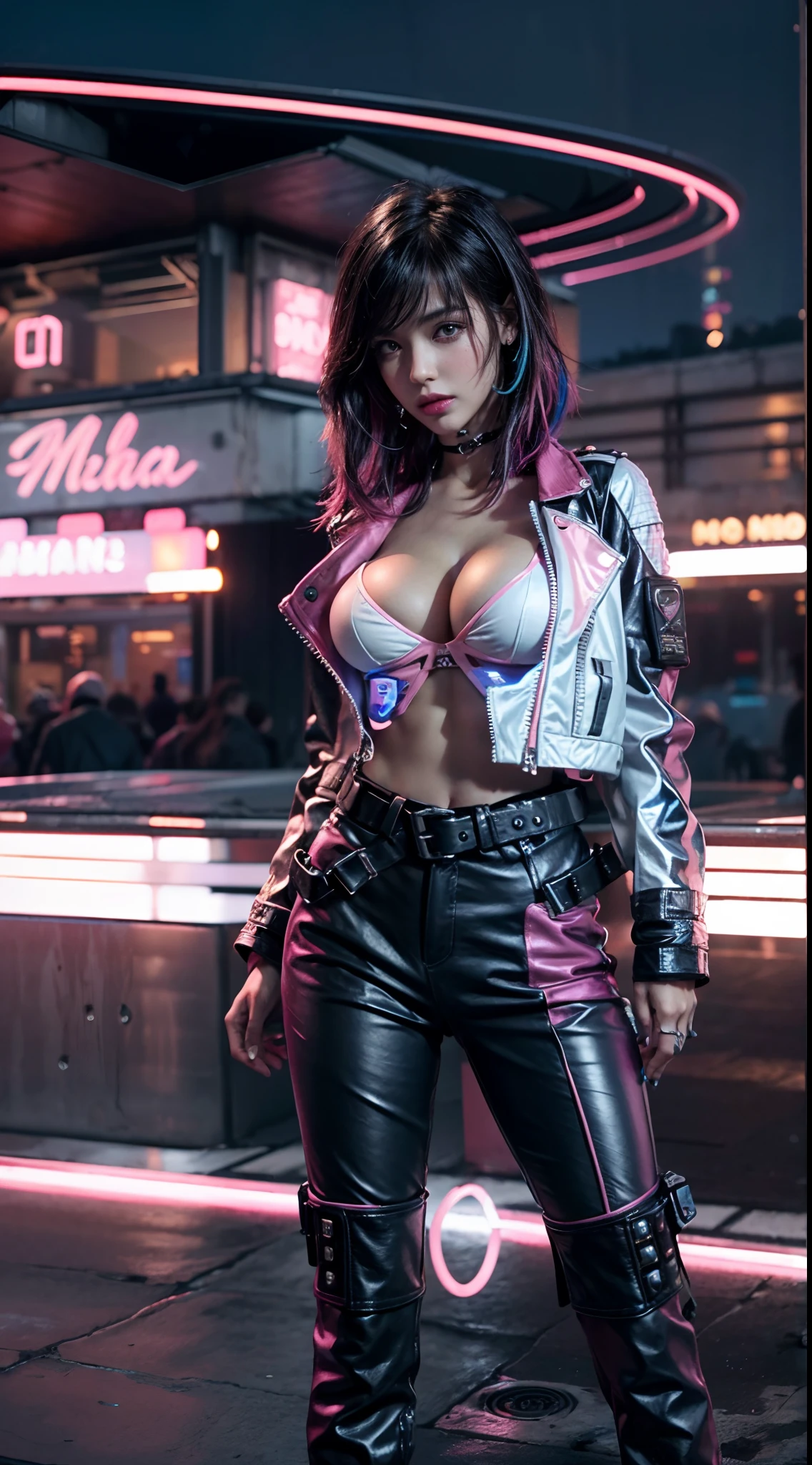 unreal-engine:1.4,hyper HD,Best quality:1.4, Fotorrealista:1.4, skin texture:1.4, tmasterpiece:1.8,Pose from behind Hermosa Mujer, brunette color hair, Black leather jacket, Sexy, long breasts, cyber punk style, realistic detail, nearl, Black leather jacket portrait,White jeans Short jeans,,Beautiful thin hands ,(Cyberpunk:1.4),(O cabelo multicolorido+Pink big breasts:1.3+blue:1.3),Cyberpunk lingerie, mystical night,(Detailed:1.4),