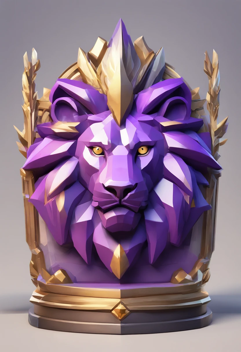 Game medallion with metal lion head closeup with crown,, hearthstone art style, Hearthstone style art, hearthstone concept art, Riot game concept art, style of league of legends, iconic character splash art, League of Legends crown，Game badge，Surrounding metal feathers，Purple gold，c4d渲染，Less detail，less detailing