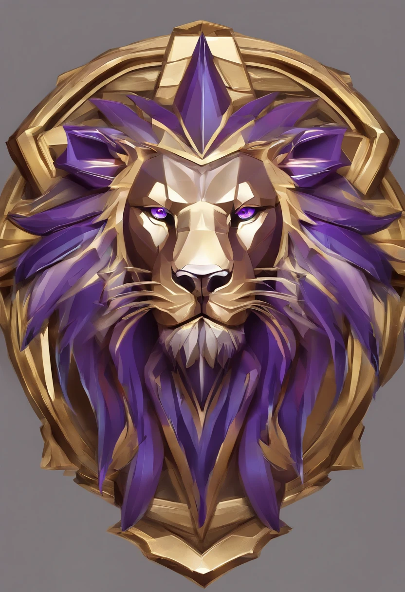 Game medallion with metal lion head closeup with crown,, hearthstone art style, Hearthstone style art, hearthstone concept art, Riot game concept art, style of league of legends, iconic character splash art, League of Legends crown，Game badge，Surrounding metal feathers，Purple gold，c4d渲染，Less detail，less detailing