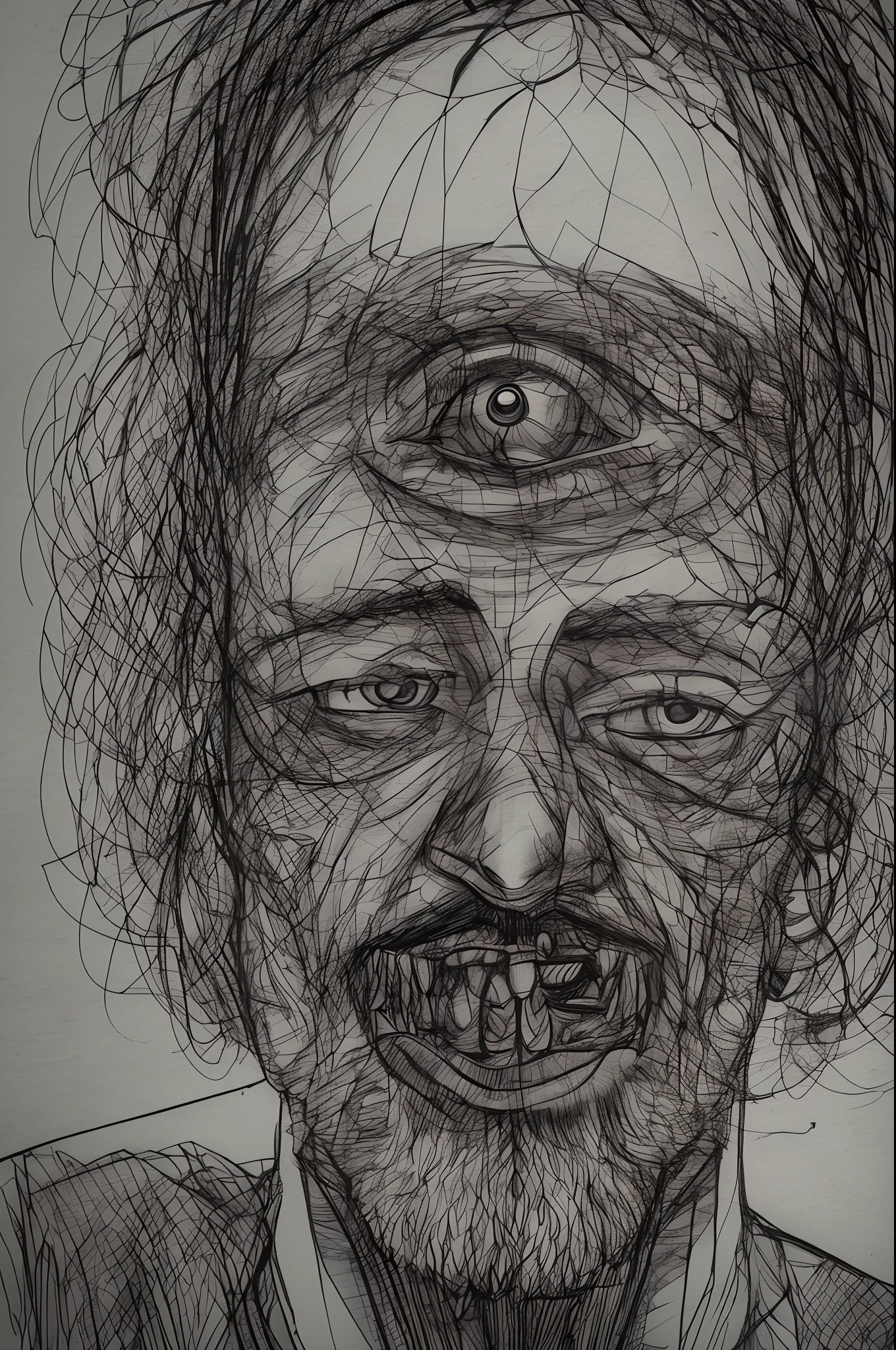 Create an image of a person's face that is inverted (upside down) with the eyes and mouth left upright. The person should have distinct and recognizable features, such as glasses, facial hair, or distinctive eyebrows. Make sure to rotate the eyes and mouth back to their upright position. The resulting image should appear grotesque and distorted, with the eyes and mouth appearing larger and misaligned. --auto --s2