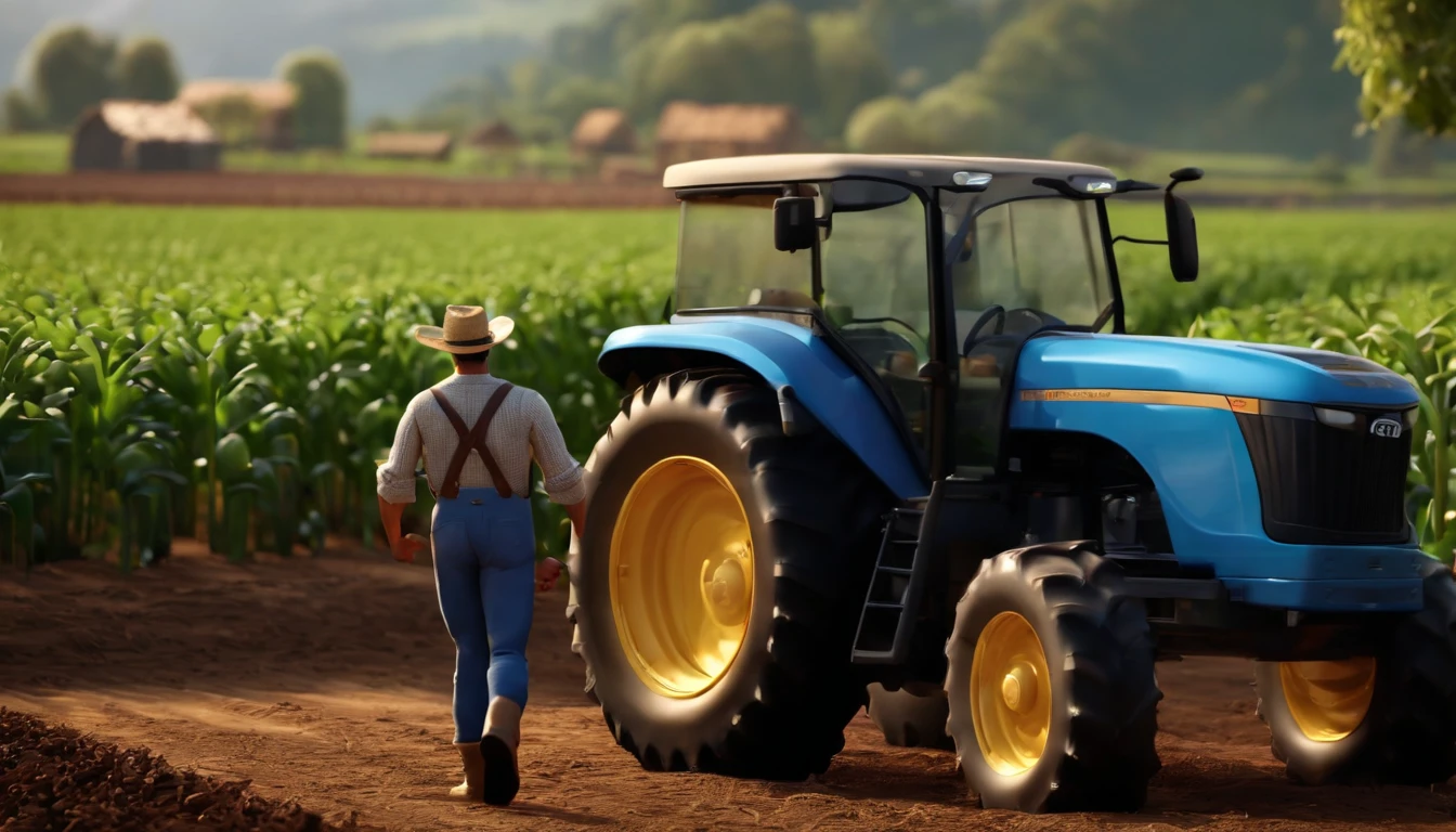 A Farmer Woking in His Farm, Pixar Style, 3D Render, High Detailed, Blender Render,