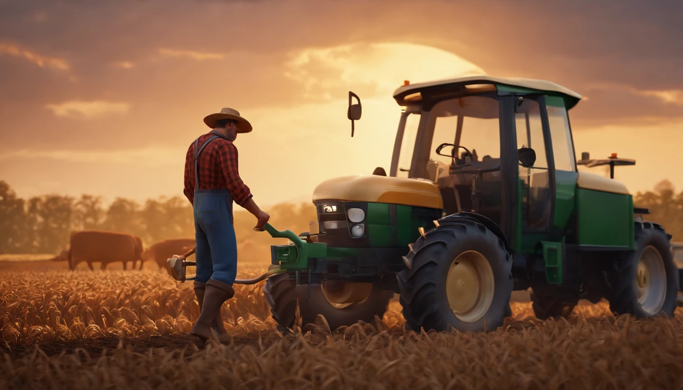 A Farmer Woking in His Farm, Pixar Style, 3D Render, High Detailed, Blender Render,