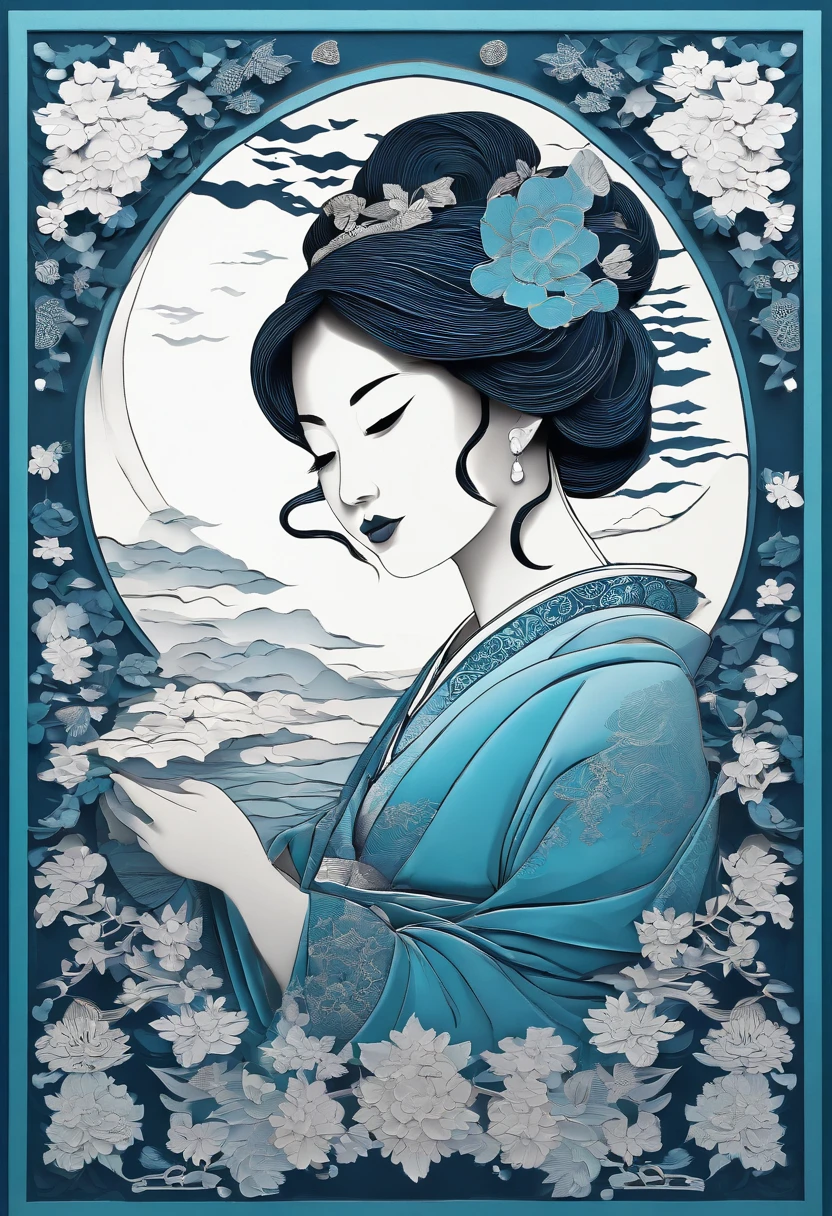 Ukiyo-e style Charles Robinson, Frank Pape, Kay Nielsen, surreal wondrous strange Whimsical absurderes fanciful Sci-Fi Fantasy Sphere mythology. Portrait of goddess holding a sword. Melting makeup. Snake around neck. Chains