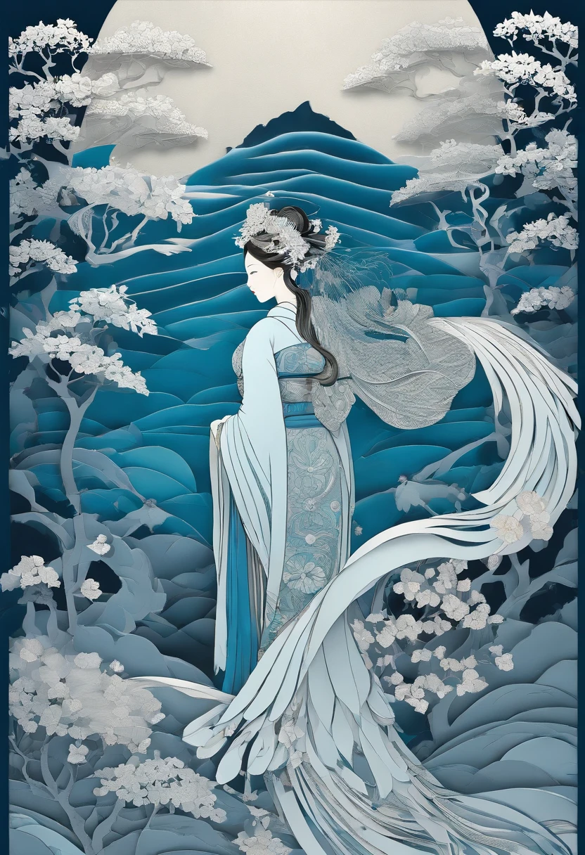 masterpiece, A Beautiful Asian woman in a Cyan and indigo kimono, beautiful render of a fairytale, in the style of paper art, painting of beautiful, beautiful as the moon, very intricate masterpiece, painted metal, beautiful intricate masterpiece, multiple layers, Mysterious