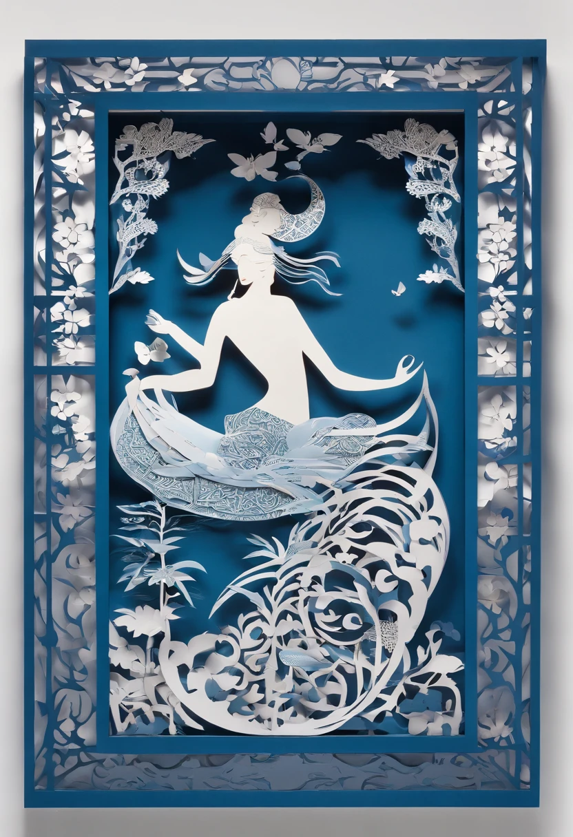 masterpiece, A Beautiful Asian woman in a Cyan and indigo kimono, beautiful render of a fairytale, in the style of paper art, painting of beautiful, beautiful as the moon, very intricate masterpiece, painted metal, beautiful intricate masterpiece, multiple layers, Mysterious