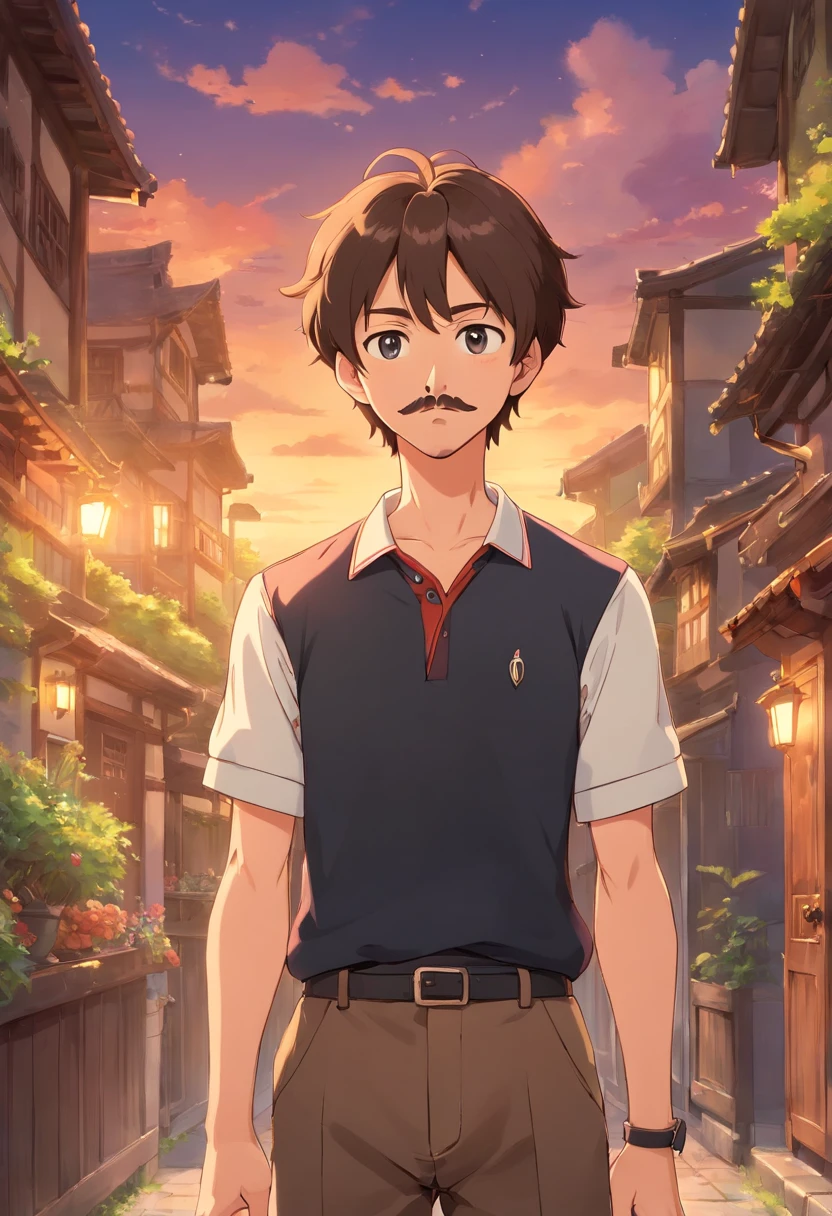 A man,with a brown hair, mustache,polo,black pants,front view,standing pose,children anime style,calm,and relaxed face.