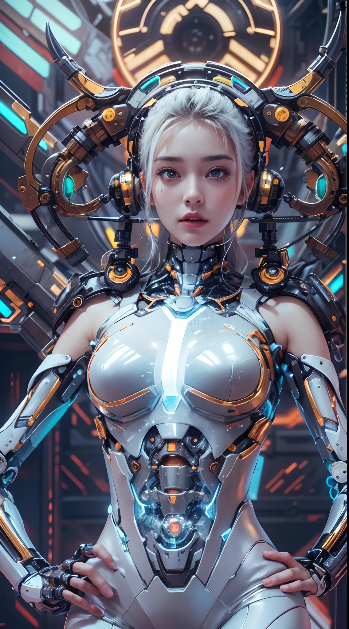 Top Quality, Masterpiece, Ultra High Resolution, ((Photorealistic: 1.4), Raw Photo, 1 cyberpunk android Girl, ((portrait)), Glossy Skin, (Ultra Realistic Details)), transparent plastic covering mechanical limbs, tubes connected to the mechanical parts, mechanical vertebrae attached to the spine, mechanical cervical attachment to the neck, wires and cables connecting to the head, Evangelion, ((Ghost in the Shell)), small glowing LED lamps, global lighting, deep shadows, Octane Rendering, 8K, Ultra Sharp, Metal, Intricate Ornament Details, baroque details, Very intricate details, realistic light, CGSoation trend, facing the camera, neon details, (android manufactory in background), art by H.R. Giger and Alphonse Mucha.