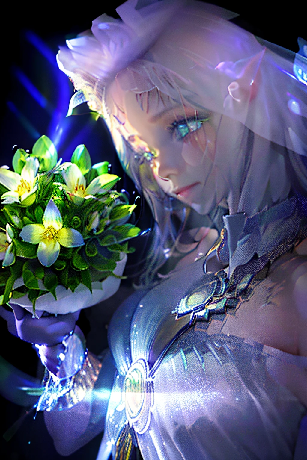 A bouquet of delicate flowers hyacinths, Super transparent, Holy light, Beautiful spectral light, The petals glow, Flashing, Dark background, Transparent light droplets, reflective light, Bright, light flowing in, optics, Portrait profile, Sharp focus, magical, Intricate, Ultra photo realsisim, fantasy, composition, Light, Trend at Artstation, the pearl, Silver vapor guardian cloud, Family of corrosive envelope rays, 8K, Magic Air 23V4 on the light