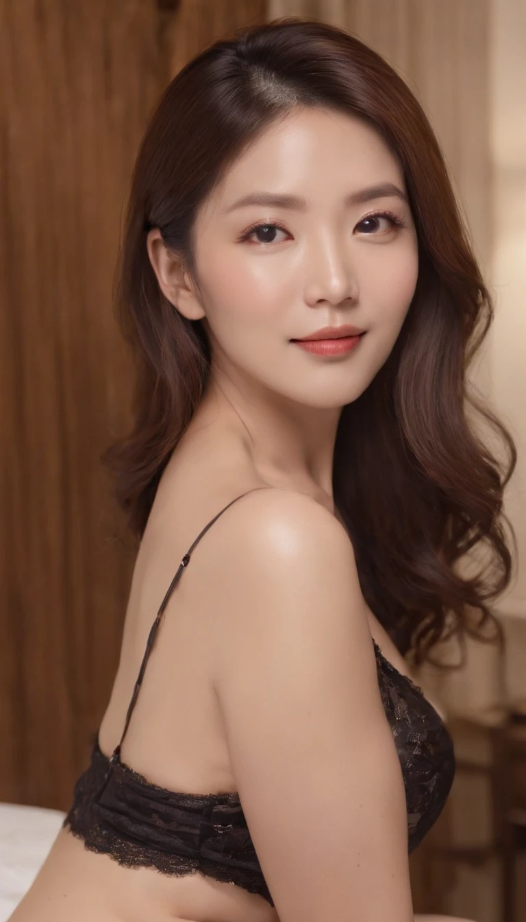 ((aunt:0.9))、(Old face:0.9)、(Gross slip:1.5)、(Plump lips:1.3)、(shiny lip:1.3)、((Beautiful Japan 55 years old naked、kneeing on bed))、A smile、Laughter wrinkles、(((In a detailed luxury hotel、Beautiful western style suite background with luxurious décor)))、Very small light bra in revealing black and very small string panties in black、(Slender Body 1)(Colossal tits)(Saggy)、Beautiful legs、Gravure photography、Photo Pose、(Shiny face、Sexy face、美丽的面容)、((Detailed body lines、Beautiful body line、Wrinkles at the corners of the eyes、Shorthair、full body photographed、55-year-old married woman、real looking skin、Photo Real、Detailed picture、high-level image quality、、Precise images))