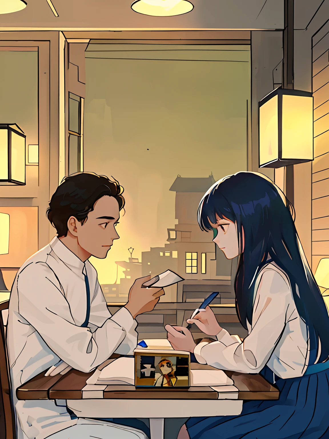 The boundary between young man and young girl in China,Men wear blue worker clothes,Women's clothing wears school uniforms,The two sat down facing the table,On the table was a book,Dim lamp lighting。Travel through time,Over the years,7 of the last century、80s painting style,