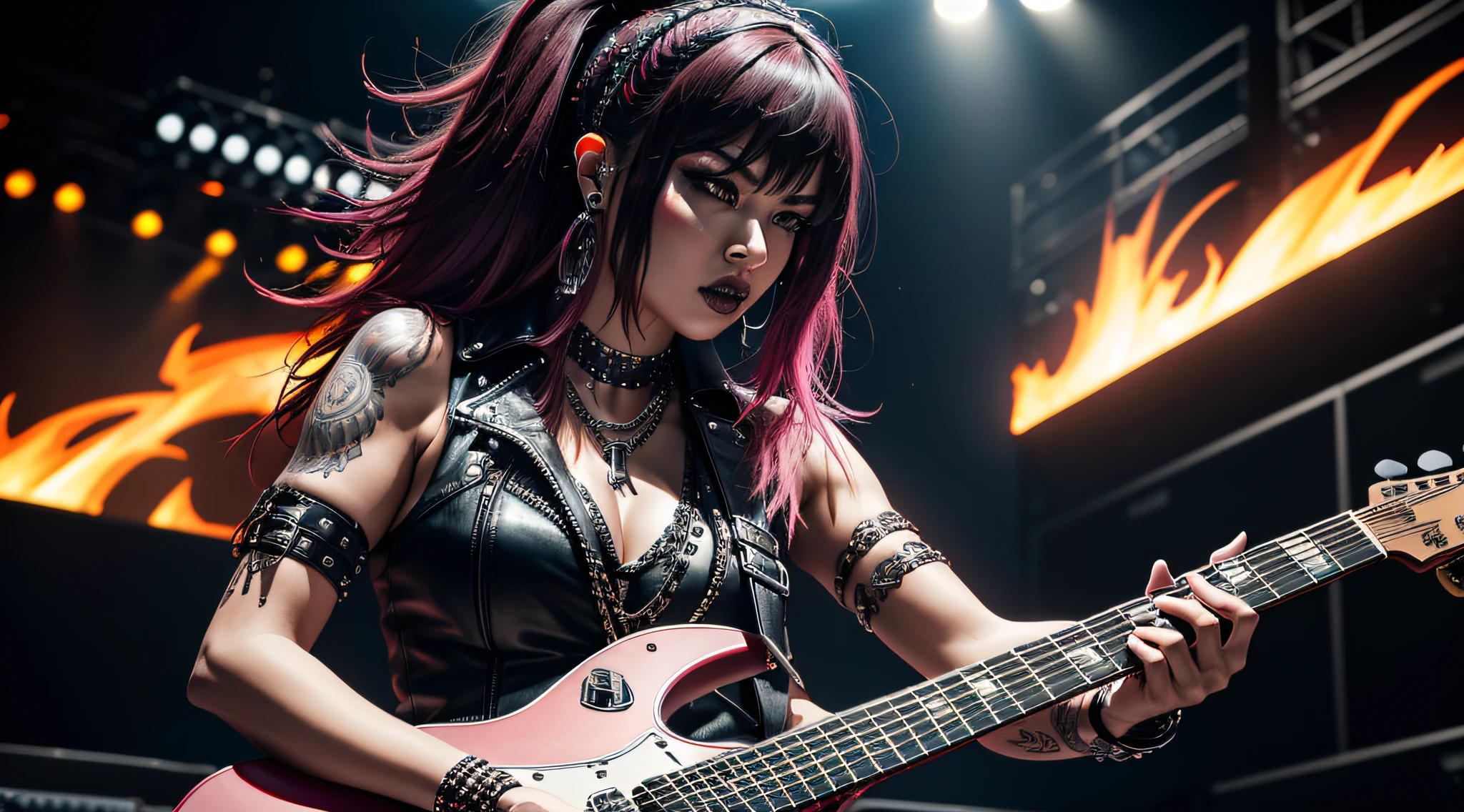 (Masterpiece:1.3, Best quality, Photorealistic, Ultra-detailed, finely detailed, high resolution, 8K wallpaper) Heavy metal, biker chick with chains and spikes, ferocious expression, powerful Asian female rock star, oriental dressed in pink and torn jeans, dark eyeliner and black lipstick, heavy music, fierce woman, standing tall, epic guitar solo, guitar on fire, woman solo electric guitar, female guitarist of metal, woman playing the guitar, electric guitar made of metal, flames on stage, female rocker playing a concert, shot from down to above