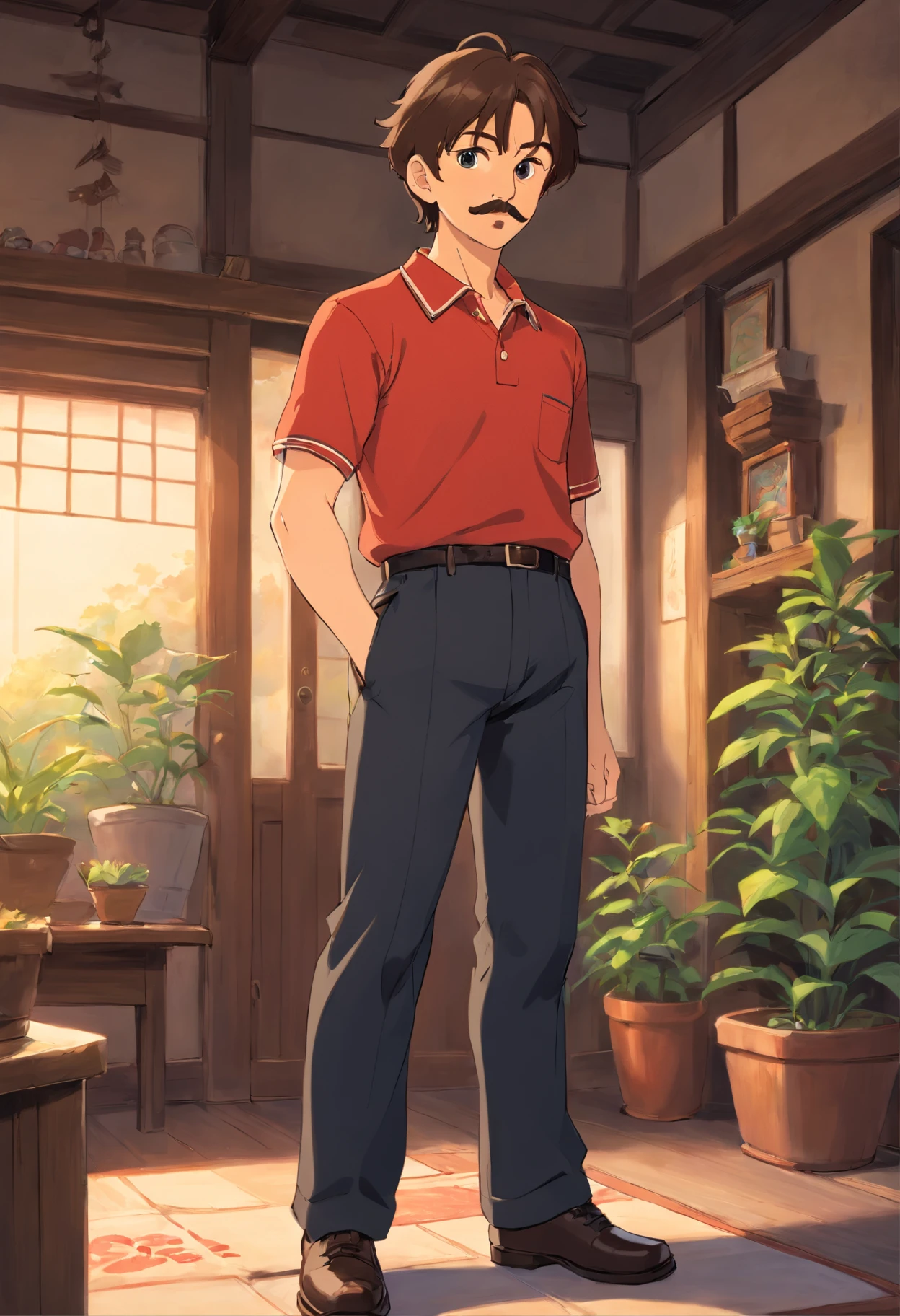 A man,with a brown hair, mustache,polo,black pants,front view,standing pose,children anime style,calm,and relaxed face.