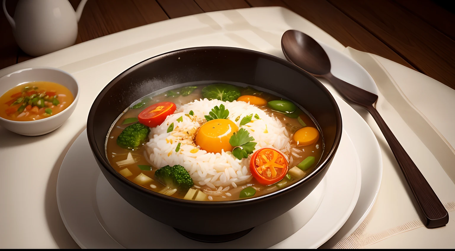 A bowl of broth, Vegetables, and rice on a plate, traditional, Juhe, aji de gallina, Highlight, White, sichuan, easy, rice, warm, inspired by Cui Bai, yan gisuka, mix, daopao, Clay, peruvian, F 2. 0, shaxi, 240p, 1 5 0 0 s