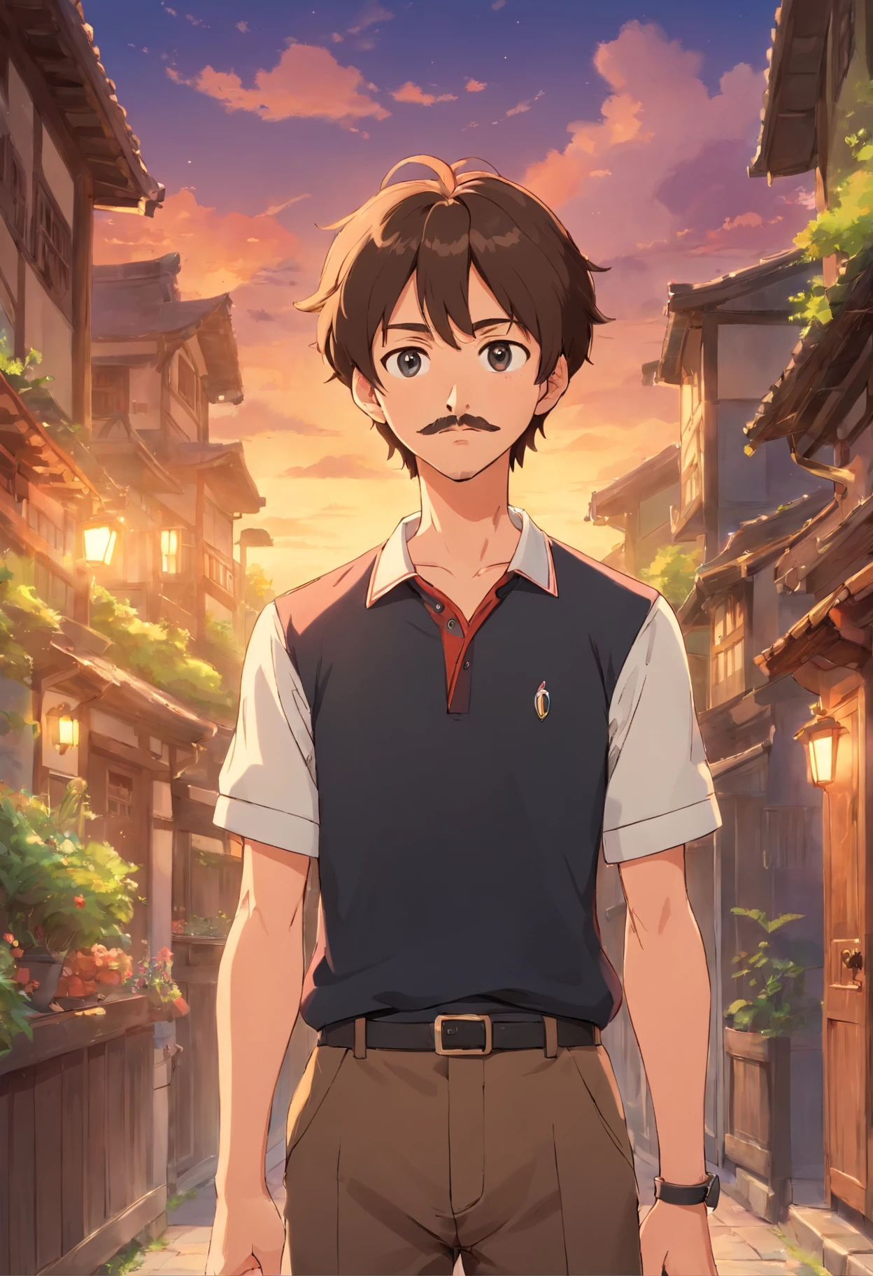 A man,with a brown hair, mustache,polo,black pants,front view,standing pose,children anime style,calm,and relaxed face.
