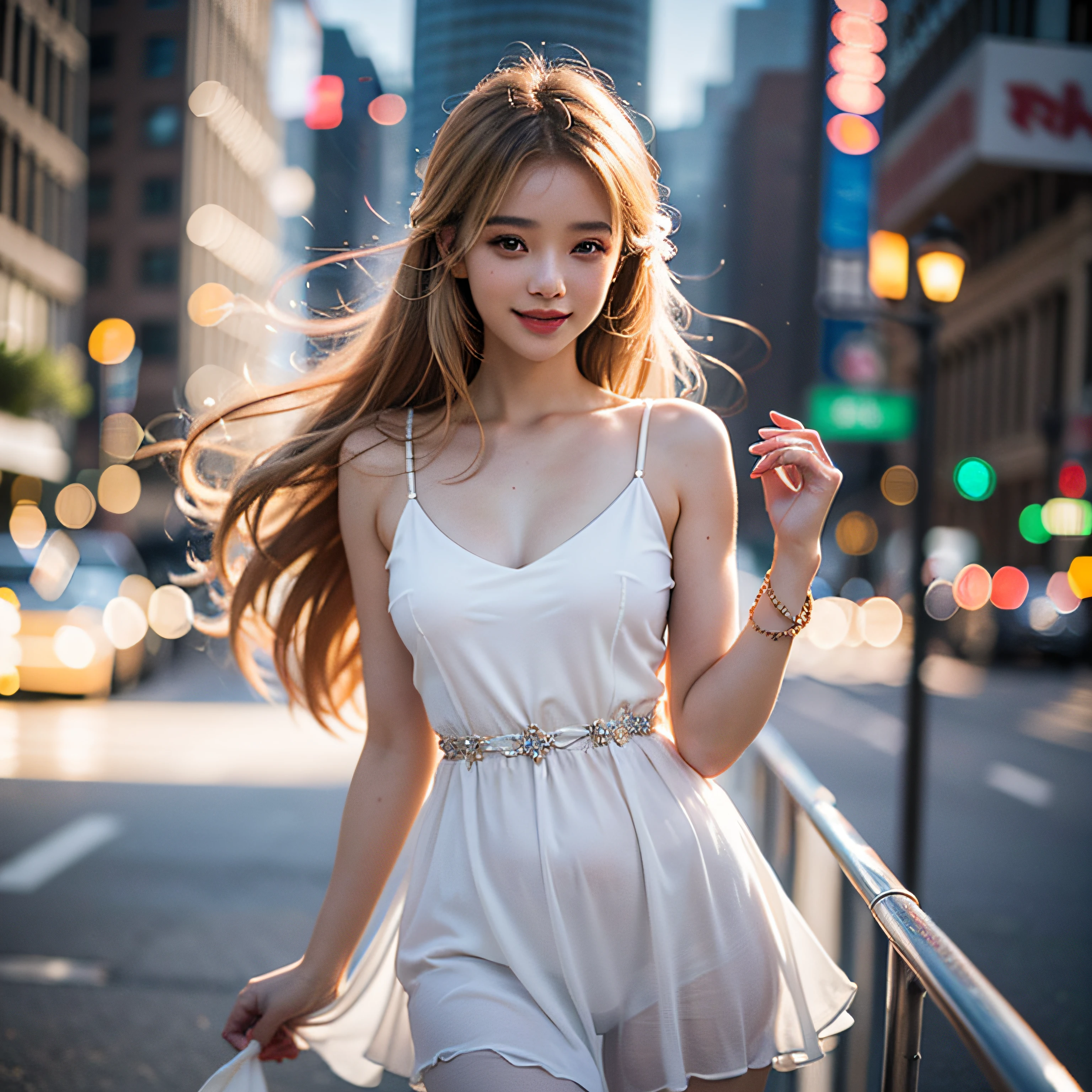 Best Quality, masutepiece, hight resolution, 1girl in, White Flare Chiffon Short Dress, Smile, Beautiful lips closed, Blonde long hair, Detailed beautiful eyes,detailed eyelash, Beautiful face,Slim body, Tindall Effect,Photorealistic, Rim lighting, two tone lighting,(High detailed skin:1.2), 8K UHD, Digital SLR, Soft lighting, High quality, Volumetric lighting, Candid, photograph, High resolution, 4K, 8K, Bokeh, In downtown, PM