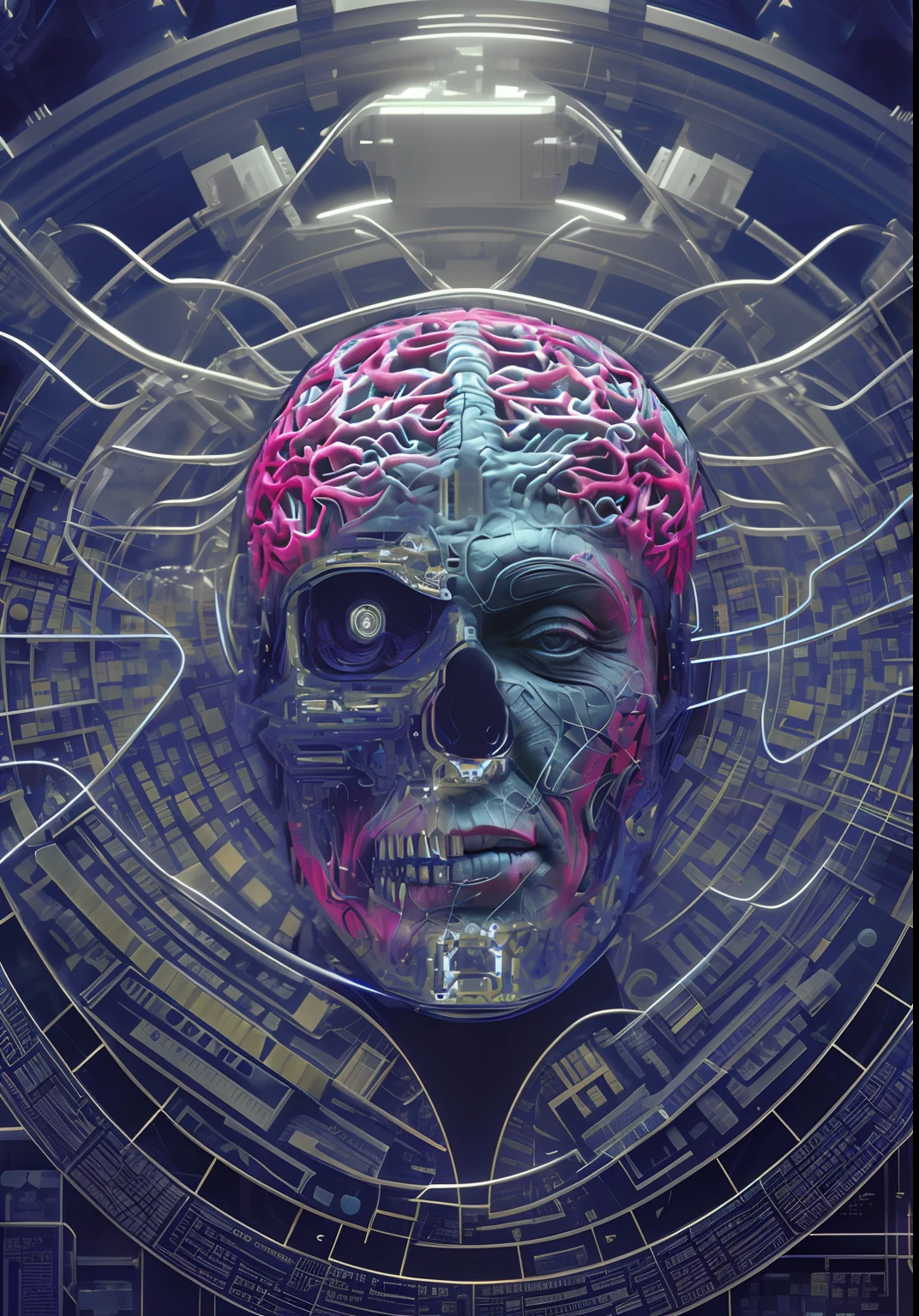 circuit, iintricate, detailed portrait of a cyborg, cybernetic head, psychedelic organic cyborg, cybernetic and highly detailed, Sci-fi faces, Sci-fi face, Highly detailed cybernetic subjects, portrait of a cyber skeleton, ai biomech, evil artificial intelligence