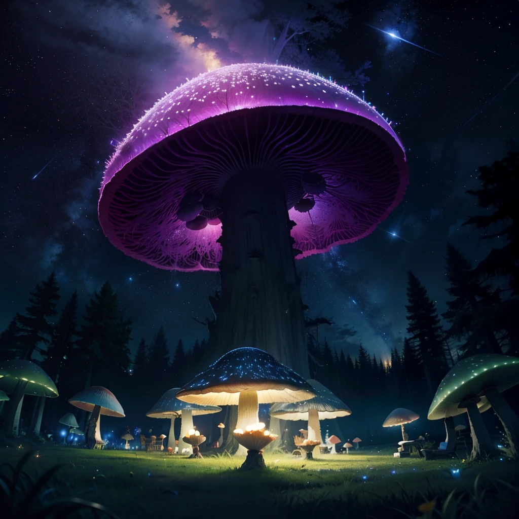 Fantasy Big Tree，Fluorescent full screen，Dream mushrooms，nighttime scene，It's all fireflies，