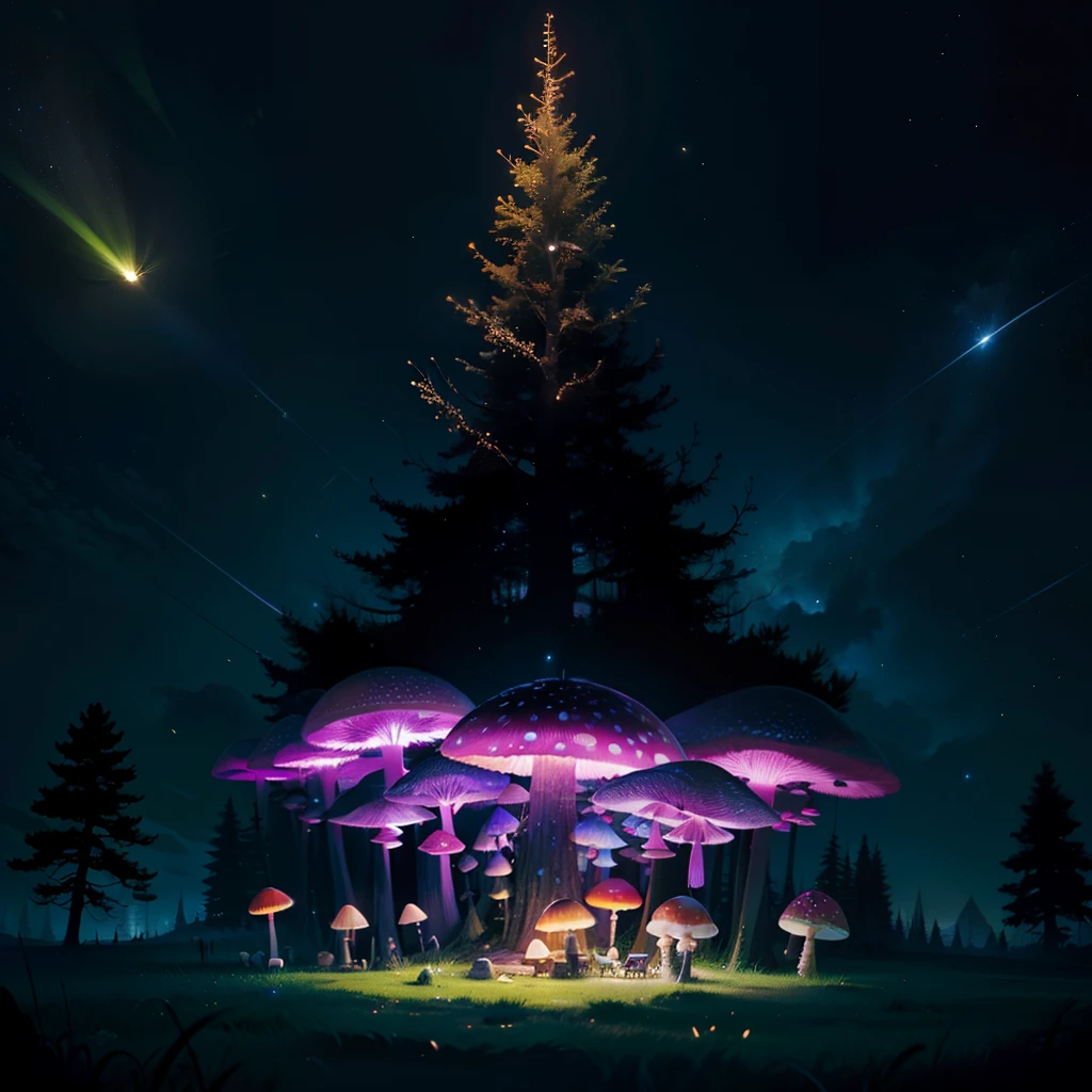 Fantasy Big Tree，Fluorescent full screen，Dream mushrooms，nighttime scene，It's all fireflies，