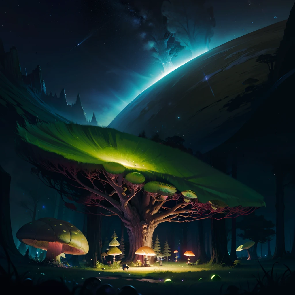 Fantasy Big Tree，Fluorescent full screen，Dream mushrooms，nighttime scene，It's all fireflies，