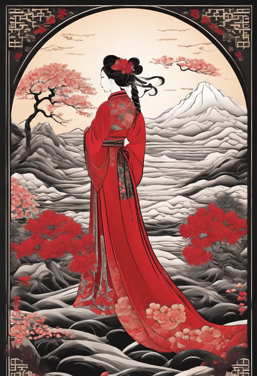 masterpiece, A Chiense woman in a red hanfu, beautiful render of a fairytale, in the style of paper art, painting of beautiful, beautiful as the moon, very intricate masterpiece, painted metal, beautiful intricate masterpiece, multiple layers, Mysterious, Ancient China background