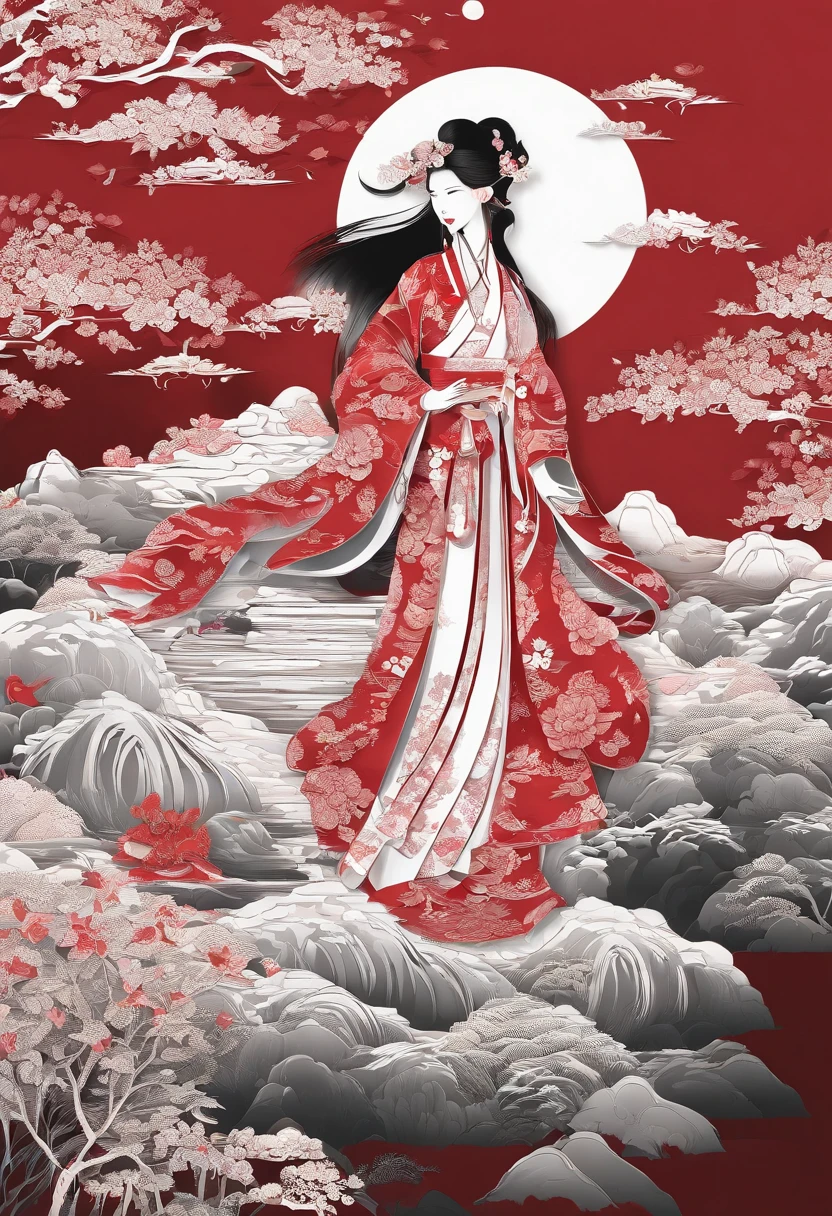 masterpiece, A Chiense woman in a red hanfu, beautiful render of a fairytale, in the style of paper art, painting of beautiful, beautiful as the moon, very intricate masterpiece, painted metal, beautiful intricate masterpiece, multiple layers, Mysterious, Ancient China background