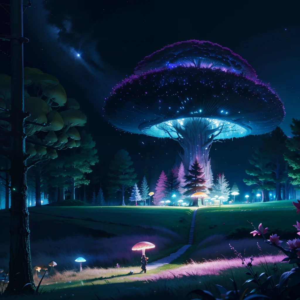 Fantasy Big Tree,Fluorescent full screen,Dream mushrooms,nighttime scene,It's all fireflies,