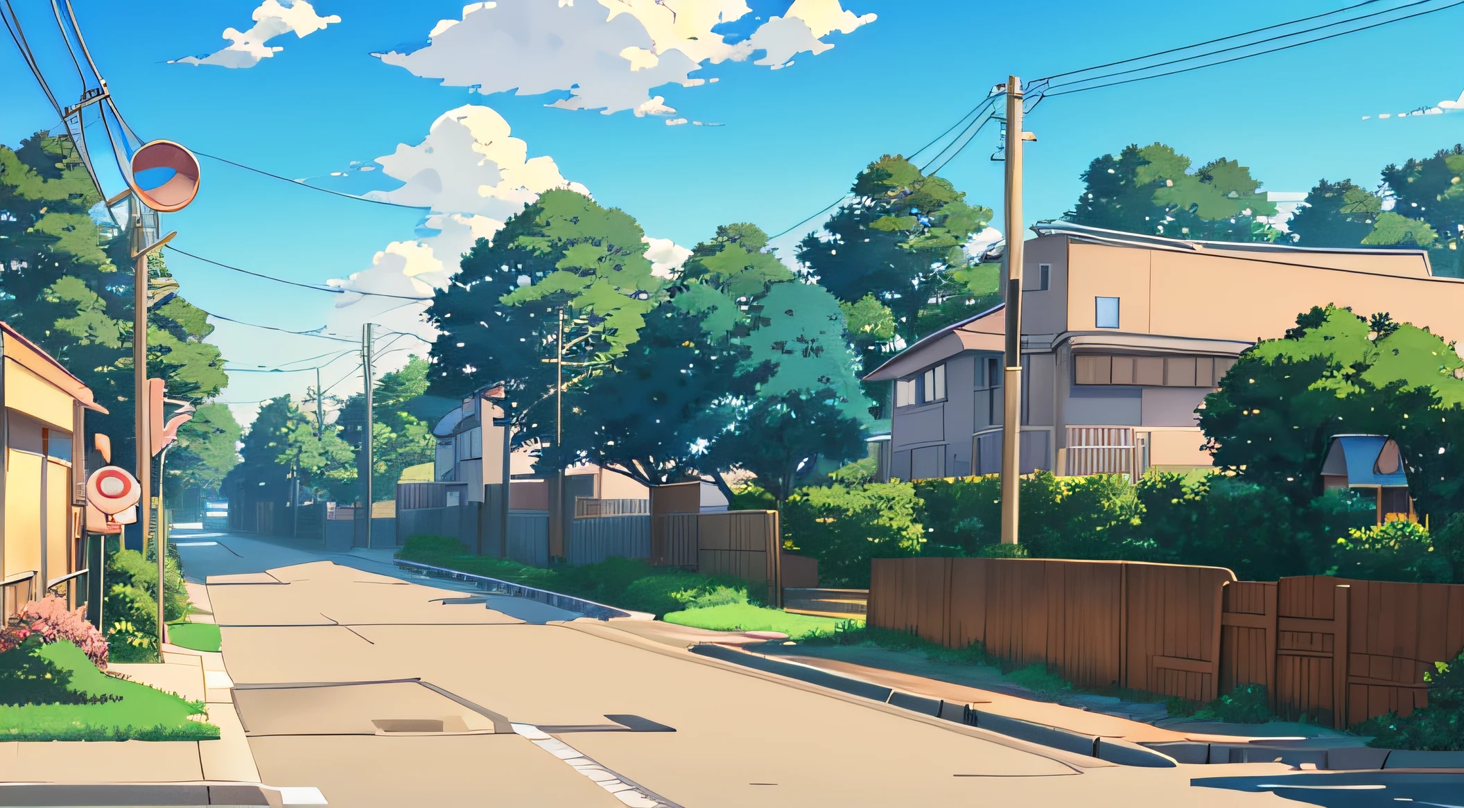 Animated scene of street with house and road sign, Anime Background Art, anime countryside landscape, Anime landscapes, Anime scenery, Beautiful anime scenery, Anime Background, in the style of makoto shinkai, style of makoto shinkai, beautiful anime scene, anime landscape wallpapers, anime movie background, detailed scenery —width 672