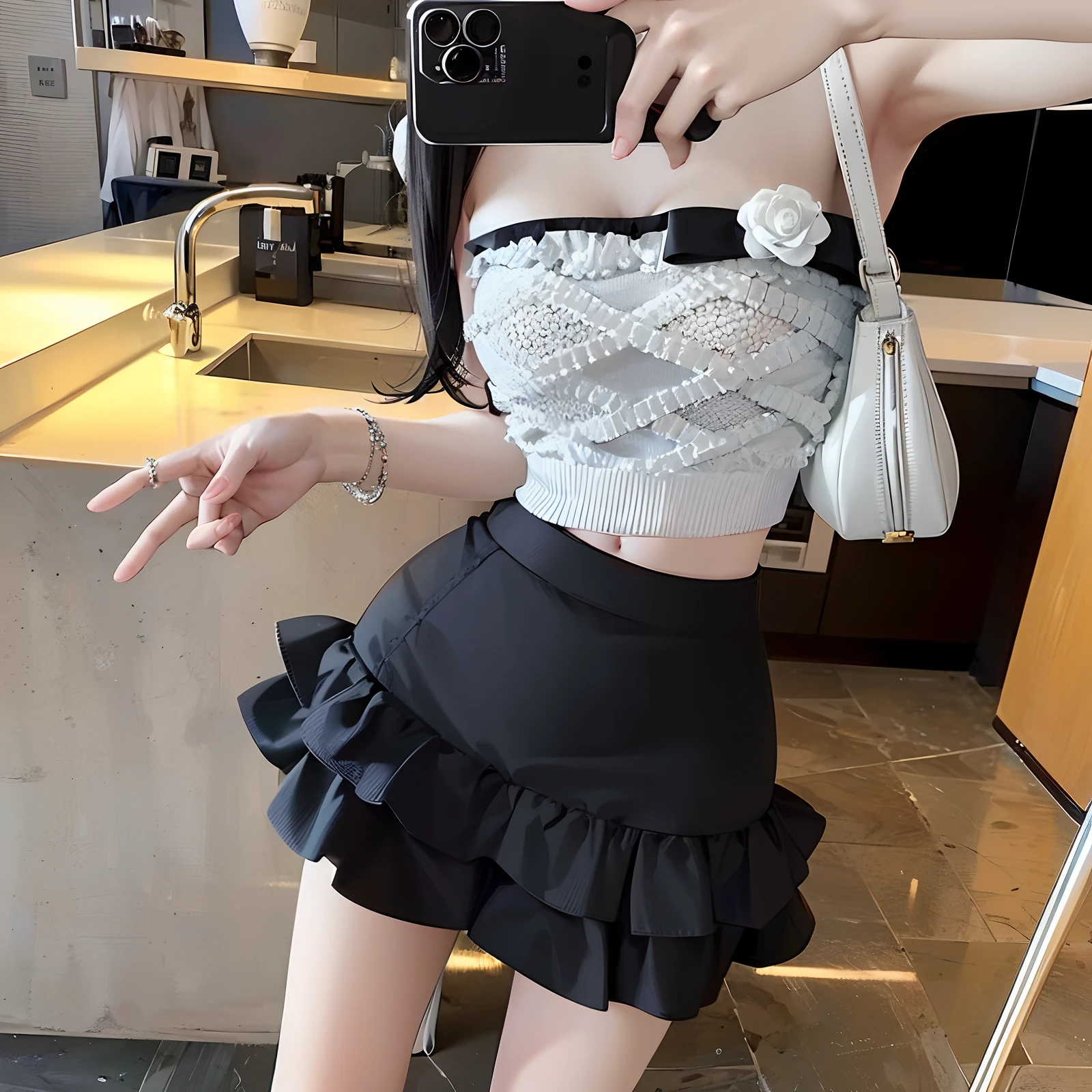 there is a woman taking a selfie in a black and white outfit, frilly outfit, frill, high-waist-black-skirt, intriguing outfit, beautiful short skirt, wearing crop top and miniskirt, Black skirt, Skirt, Short skirt, Short black skirt, white skirt and barechest, Sexy outfit, Mini skirt, dressed in a top and shorts