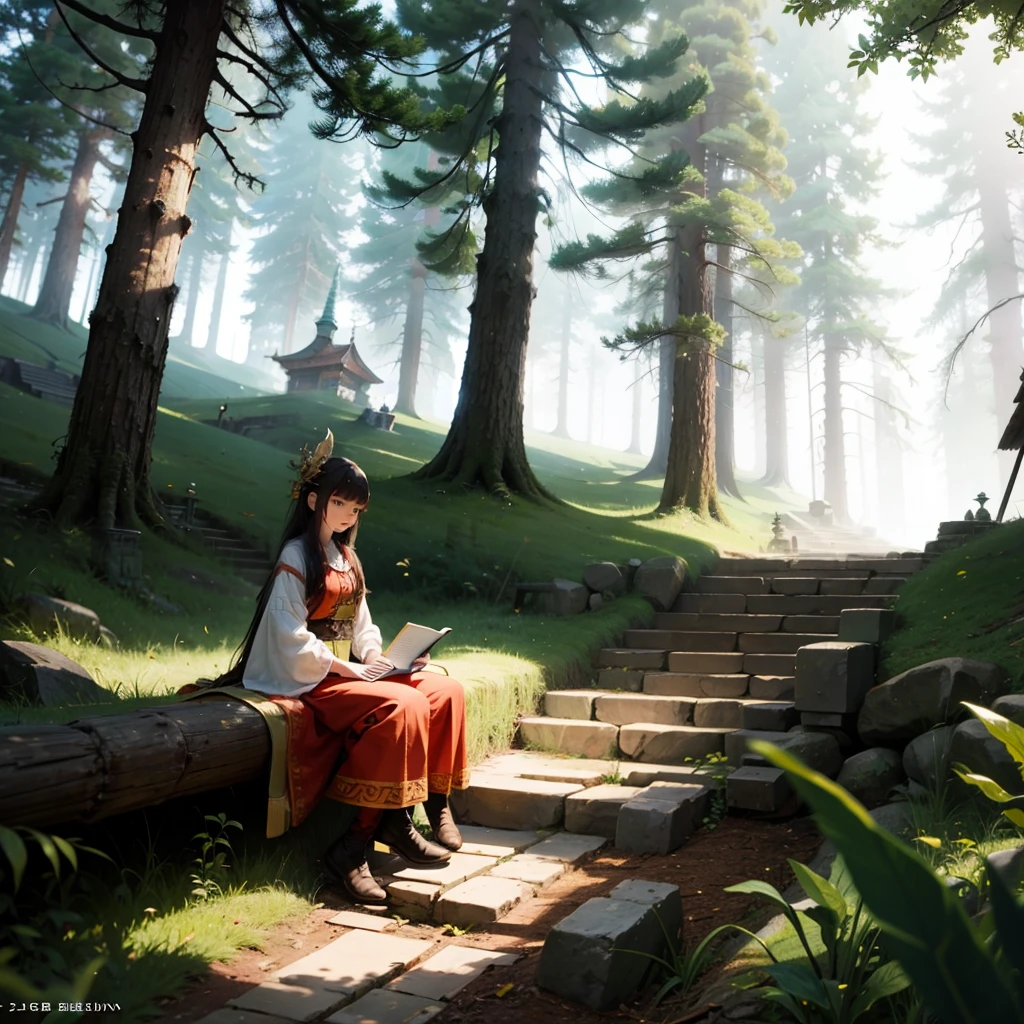 Masterpiece, atmosphere, Chinese style, mountain water, blue tones lace-style thin robe maiden sitting on a large rock fishing, extremely long black hair swept away by the wind and fish splashing on the surface of the water, 18 years old, sleepy cheerful, deep in the mountains and overgrown with trees