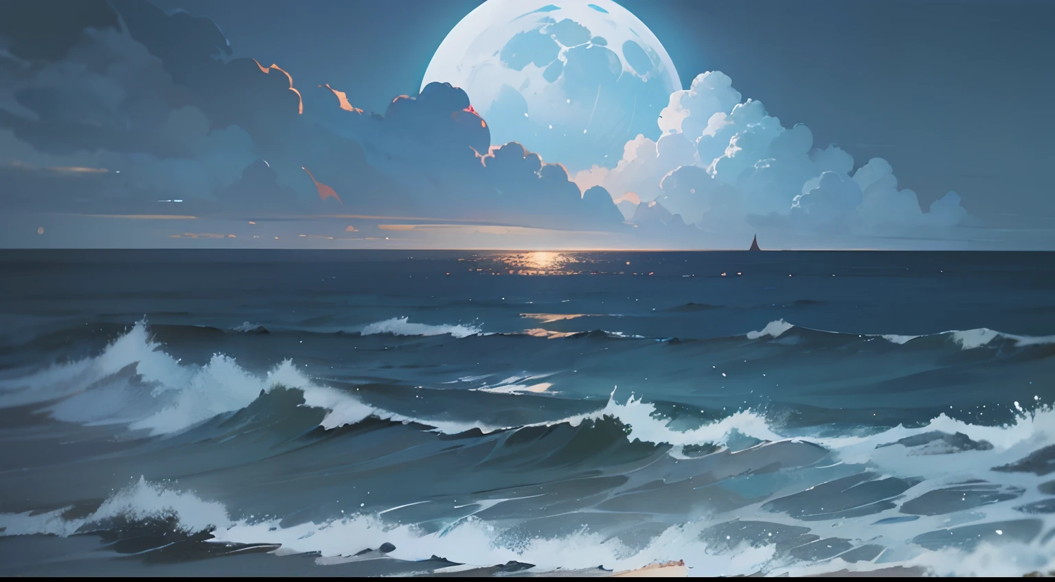 The sea, When it's dark. The moon is on the left., Mostly cloudy. Mist and fog