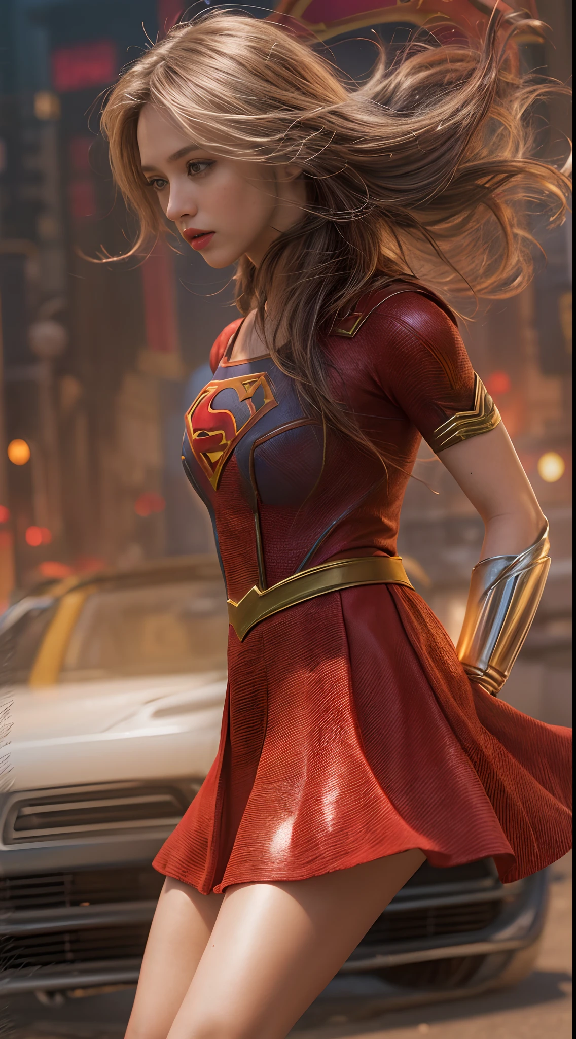 motor irreal:1.4,UHD,La mejor calidad:1.4, fotorrealista:1.4, textura de la piel:1.4, obra maestra:1.8, hermosa mujer con grandes pechos vestido de disfraz de Supergirl,minifalda corto, top corto, Fire apocalyptic city,(cabello rojo largo:1.4), (ropa rasgada:1.4),detailed:1.4,(Supergirl:1.4)
