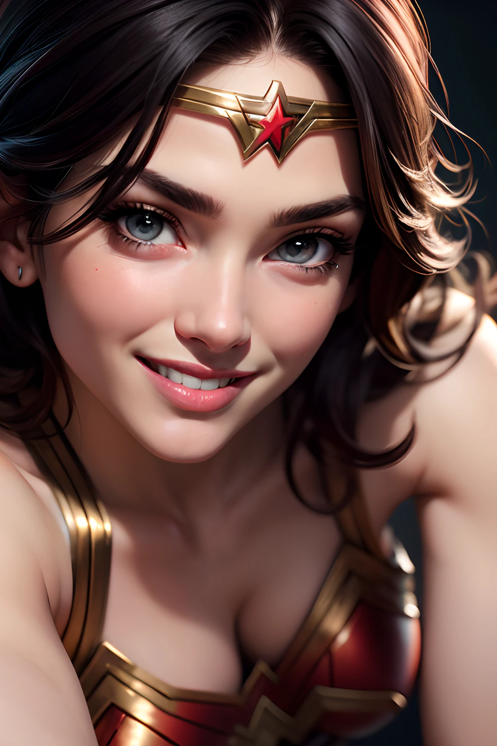 Wonder Woman, Portrait Photography by Artgerm, Realism Style, Lustrous Skin, Cartoon Protagonist, Natural Light, Defined Lips, Strong Body, Feminine Body, Full Length, Viewer, (Smile:1.2), Depth of Field f/1.8, Studio Shot, (((Looking at Camera))), Camera Orientation, (Masterpiece, 4k, Best Quality)), (Close-up, 4k, Best Quality)), (Close-up) Ellen by von Unwerth, (Sexy Pose:1.5)), (Masterpiece, 4k, Best Picture Quality), Graphic, (Close-up, Front, Top:1.5)), (Crouching), Perfect Anatomy, Curvy Beauty,