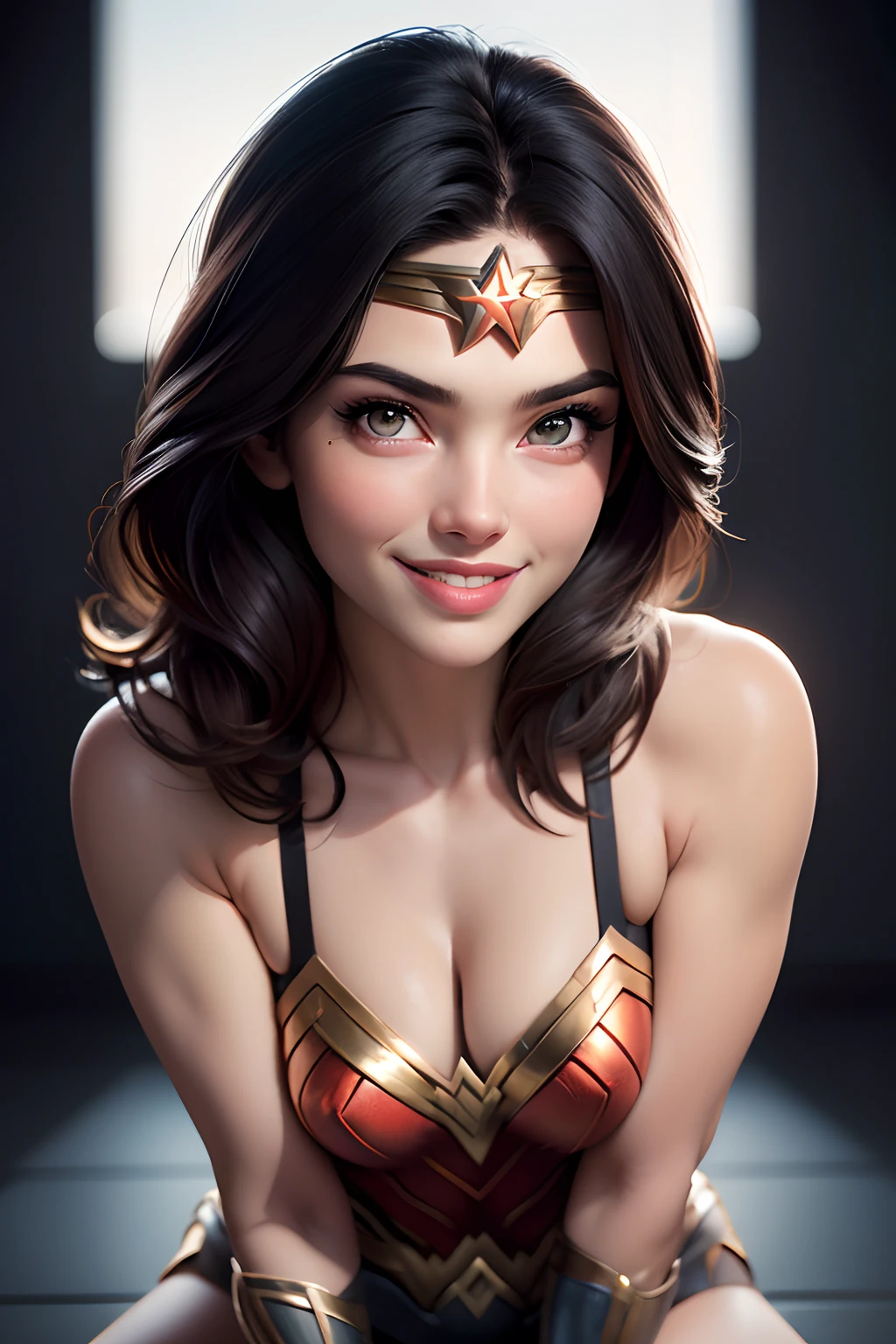 Wonder Woman, Portrait Photography by Artgerm, Realism Style, Lustrous Skin, Cartoon Protagonist, Natural Light, Defined Lips, Strong Body, Feminine Body, Full Length, Viewer, (Smile:1.2), Depth of Field f/1.8, Studio Shot, (((Looking at Camera))), Camera Orientation, (Masterpiece, 4k, Best Quality)), (Close-up, 4k, Best Quality)), (Close-up) Ellen by von Unwerth, (Sexy Pose:1.5)), (Masterpiece, 4k, Best Picture Quality), Graphic, (Close-up, Front, Top:1.5)), (Crouching), Perfect Anatomy, Curvy Beauty,