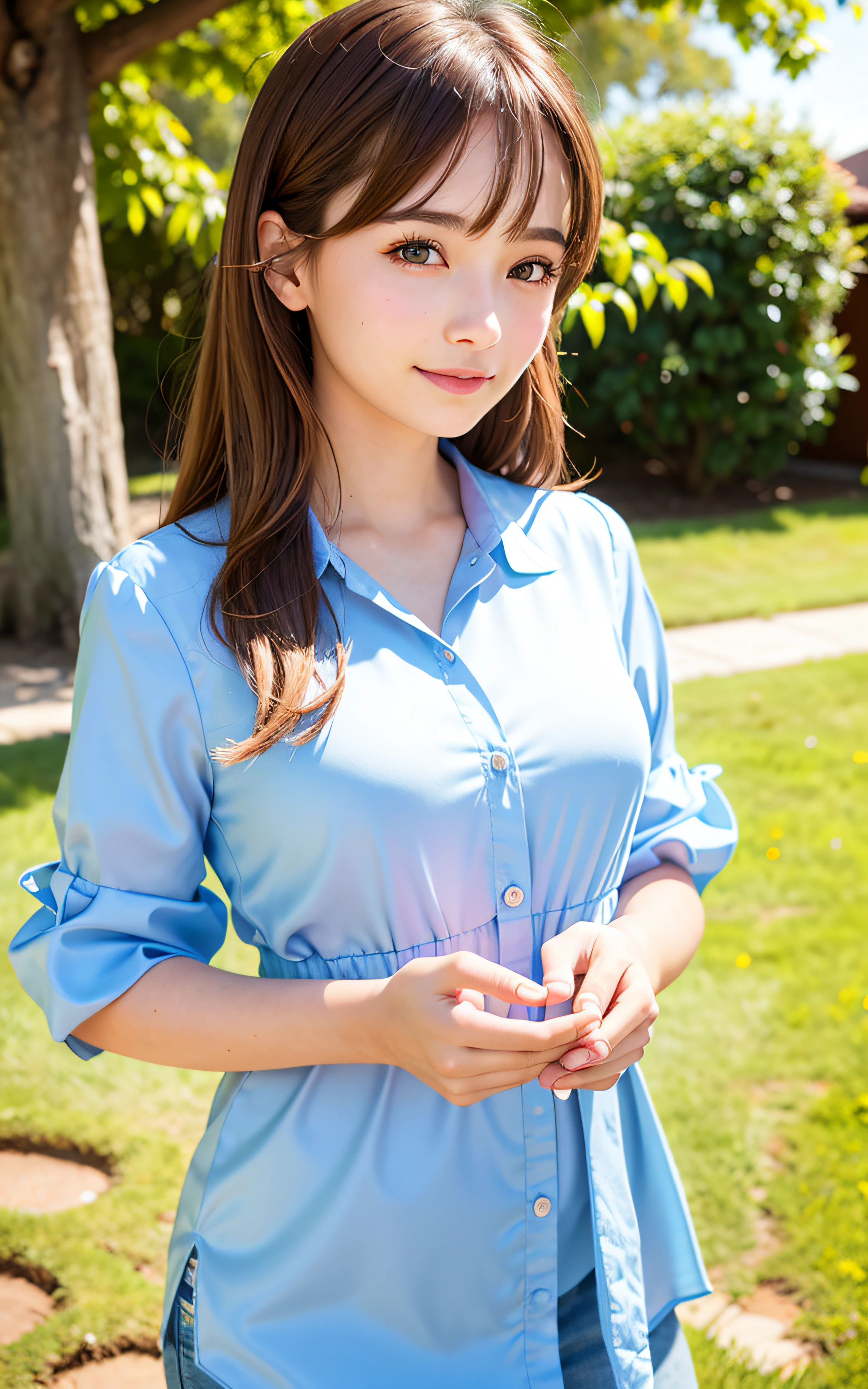 masterpiece, Best Quality, 8K, 1girl, Correct human hands, correct human fingers, 14 yo, face closeup, (smile), Cute, Girly, Goddess, Delicate girl, Neat and clean beauty, medium breast, luminescence, Looking away, Raw photo, F/1.8, 135 mm, NIKON, Anatomically correct, bokeh，Textured skin, Professional Photography, Portrait, Soft light, Professional Lighting, back light, Film grain, (Eyes and faces with detailed:1.0), brown hair, medium hair swaying in the wind, bangs, Silk shirt