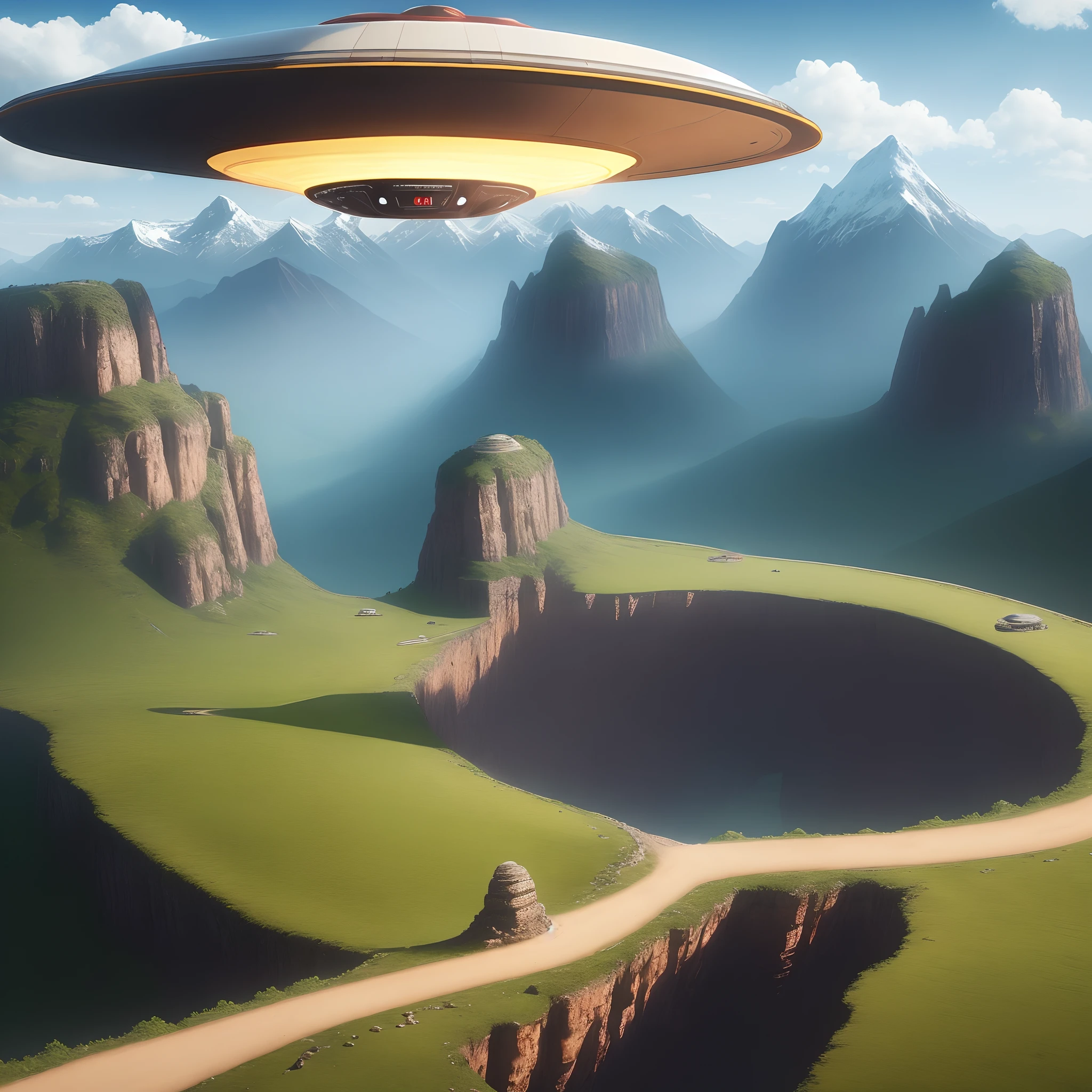 Create a flying saucer landscape near a mountain